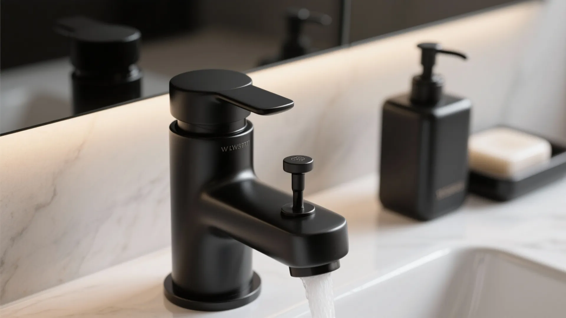 Matte black faucet running water into white sink with soap dispenser and mirror in background