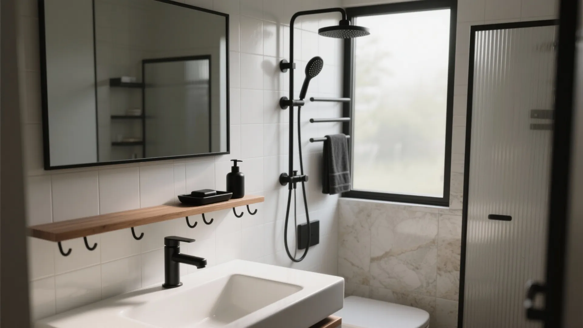 Modern bathroom with white sink black faucet wooden shelf mirror black shower and glass door