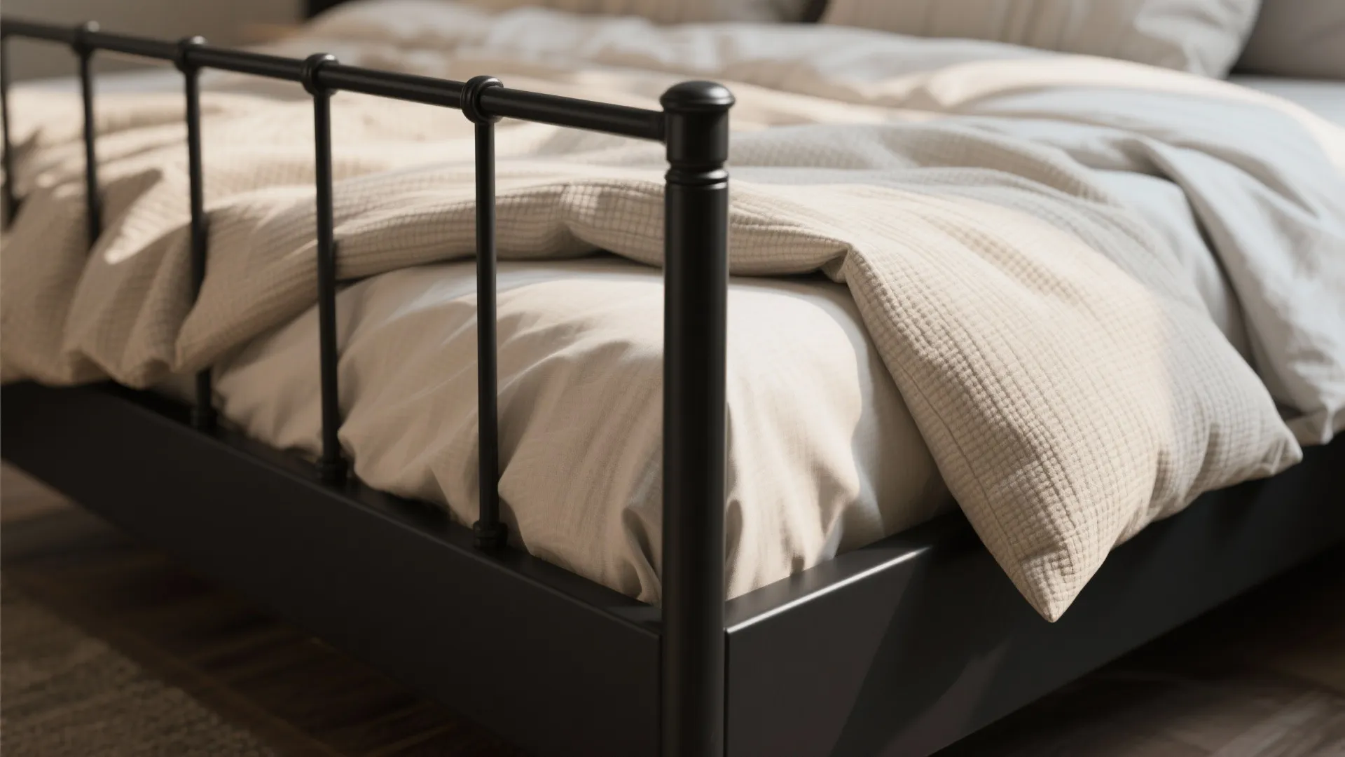 1. Matte black bed + light textiles for contrast