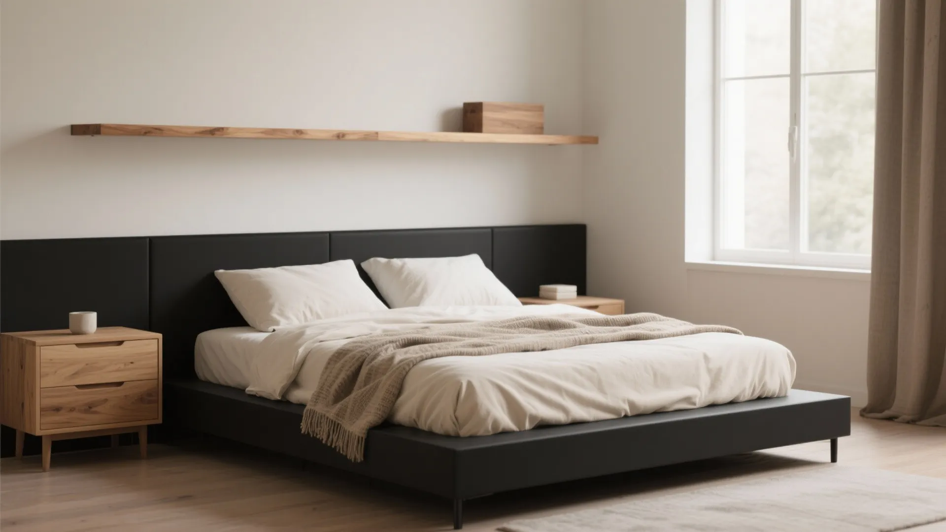 1. Matte black bed + light wood accents