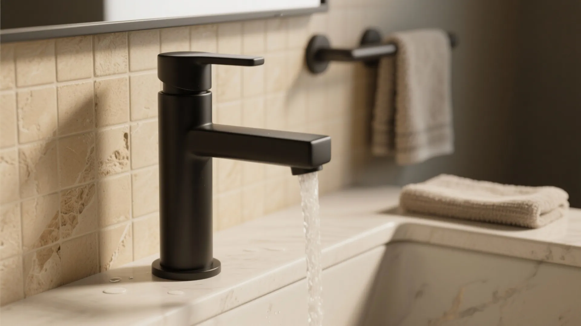 1. Matte black fittings with warm beige tiles