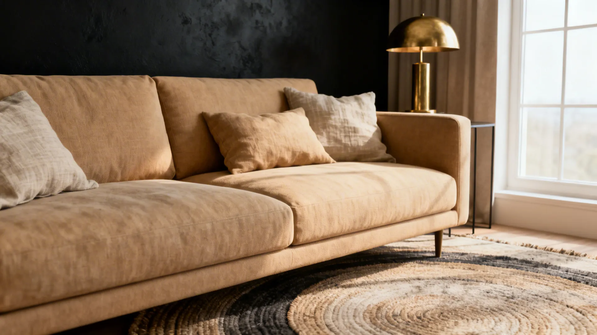 1. Matte Black Accent Wall with Warm Beige Sofa