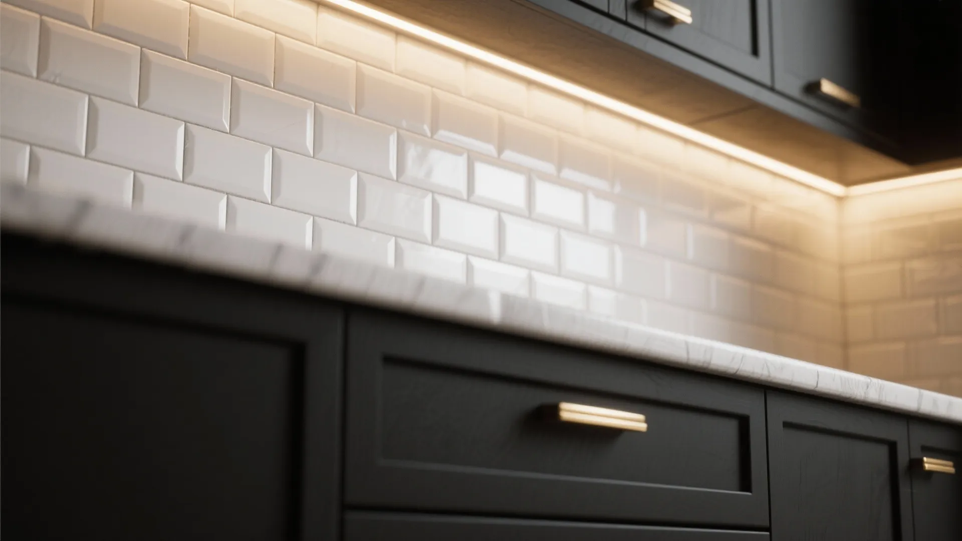 1. Matte Black Cabinets + Textured White Subway Backsplash
