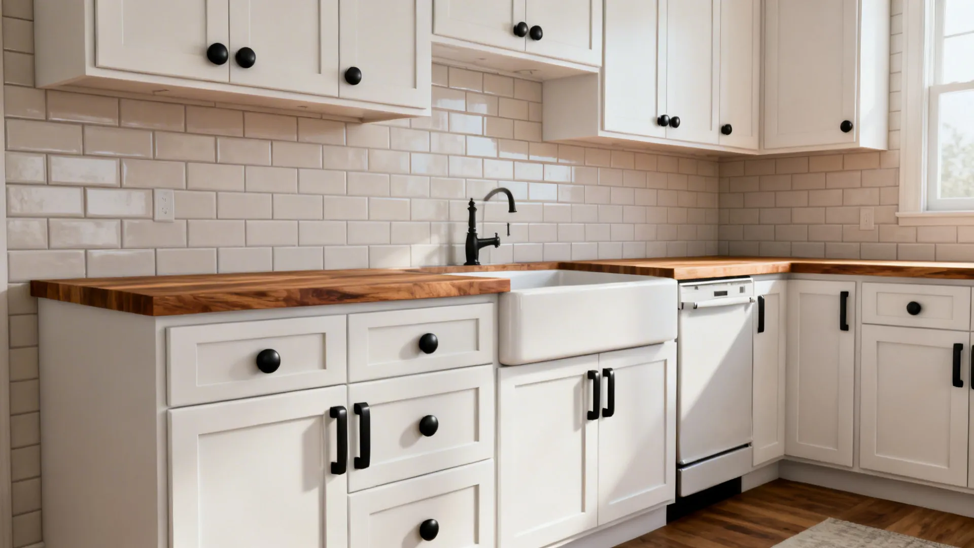 White shaker cabinets with matte black bin pulls and round knobs in a small farmhouse kitchen.