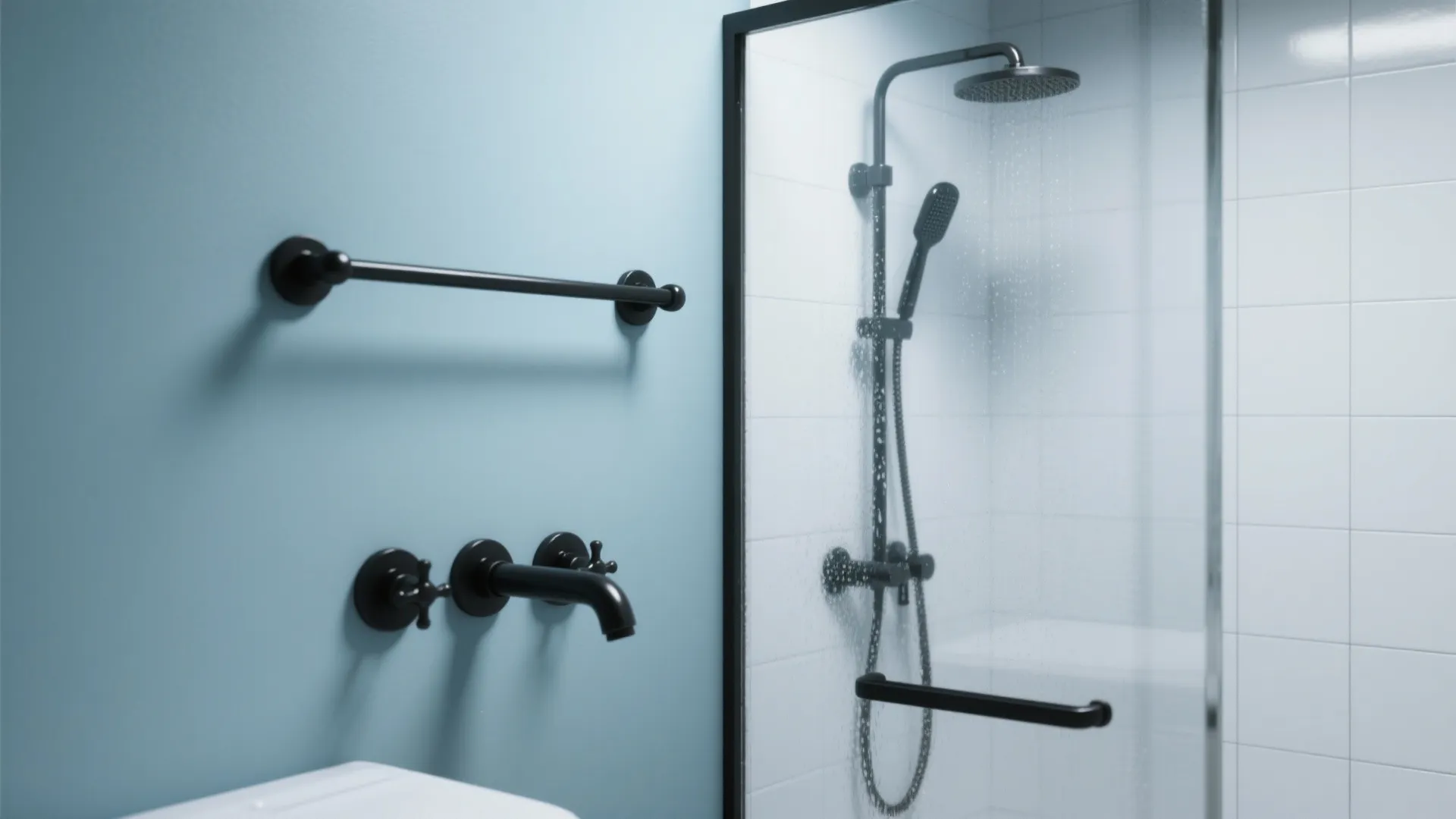 2. Matte black fixtures with calming blue walls