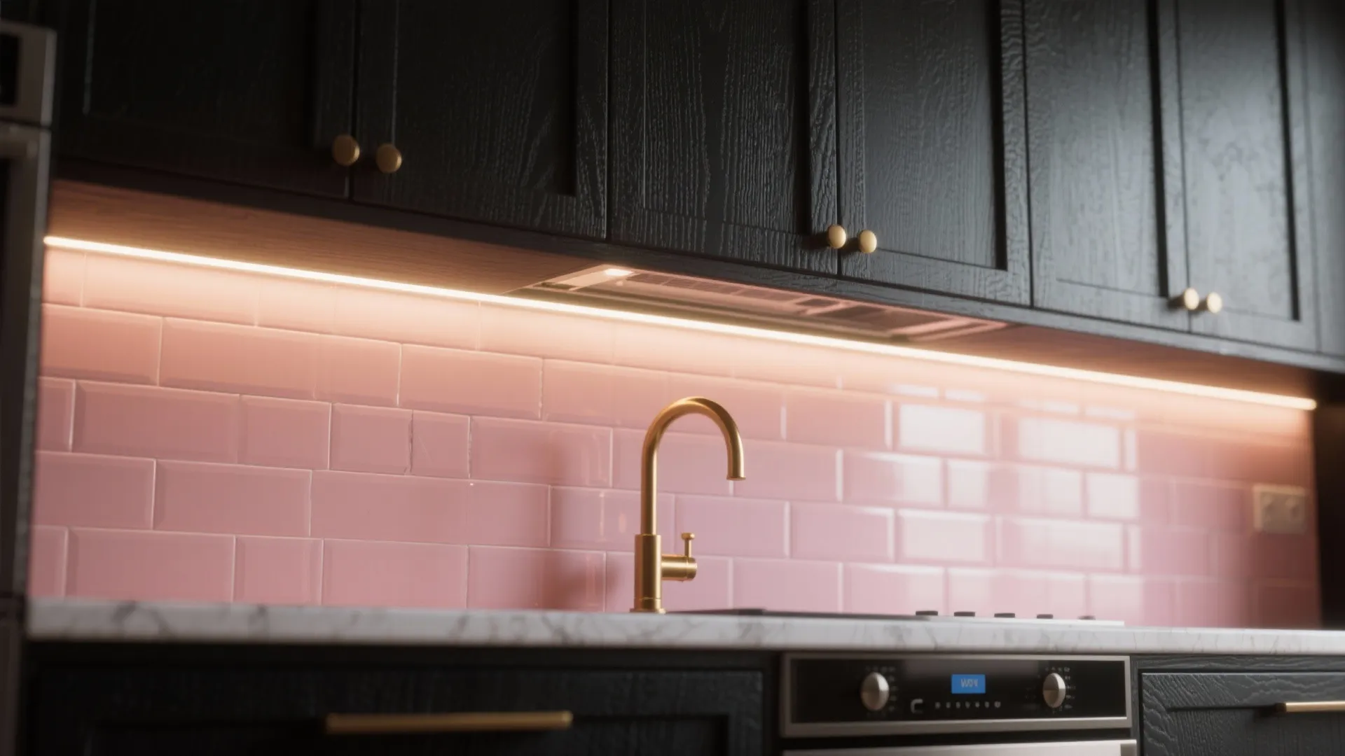 1. Matte black cabinets with blush pink backsplash