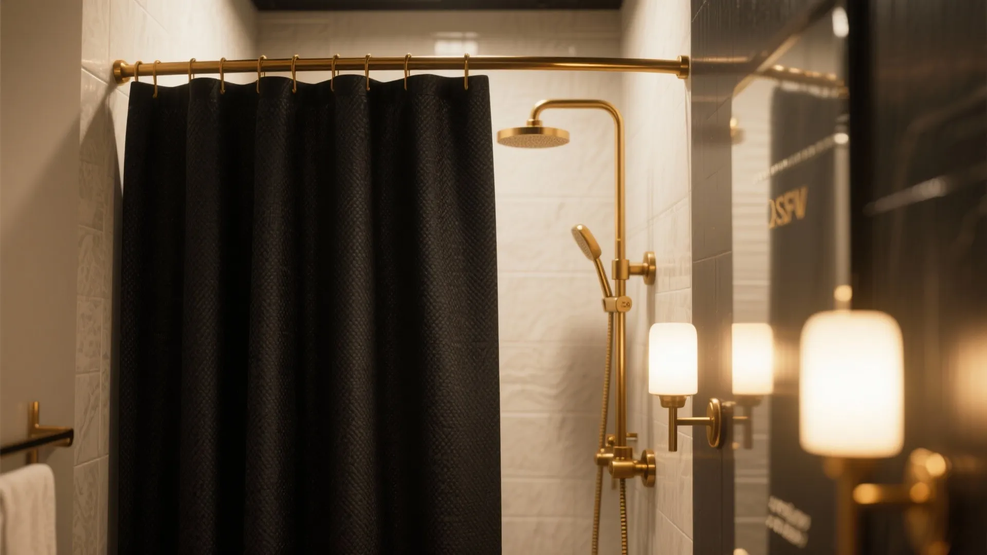 Bathroom shower area with black curtain gold light fixture wall light and white textured wall tiles