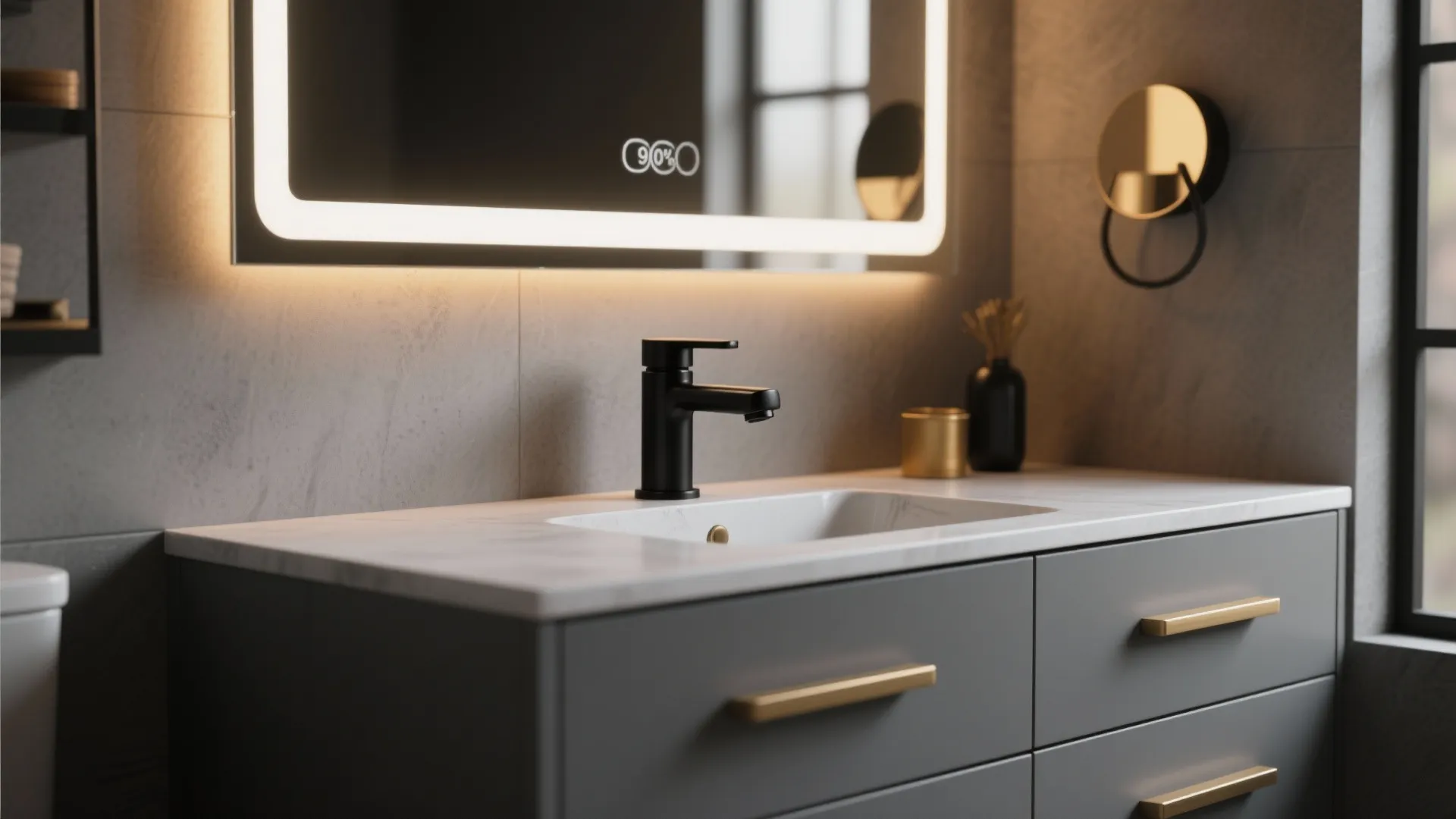 Gray vanity with matte black faucet and warm brass pulls illuminated by warm-white LED mirror.