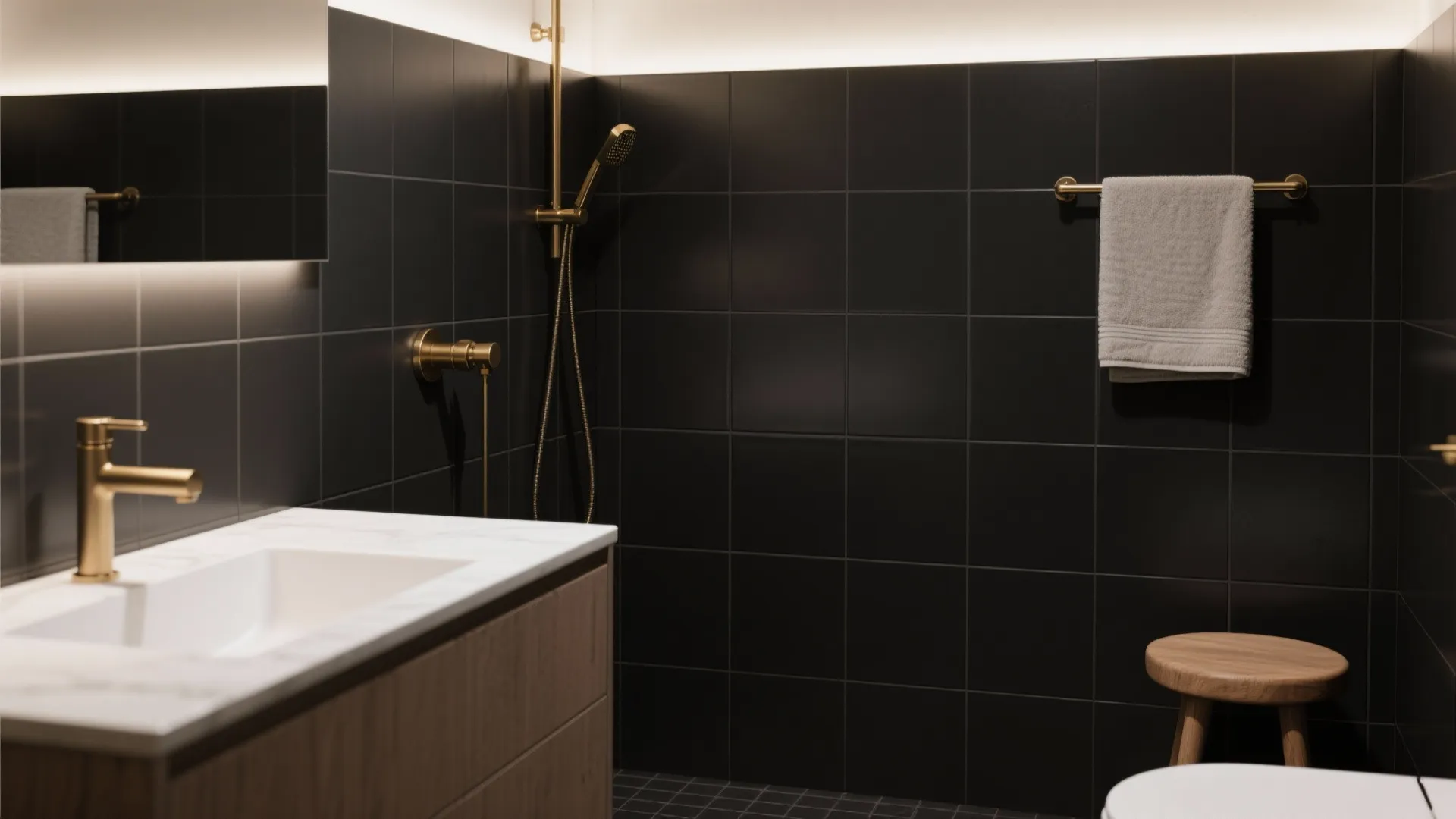 1) Matte black tiles with warm metals