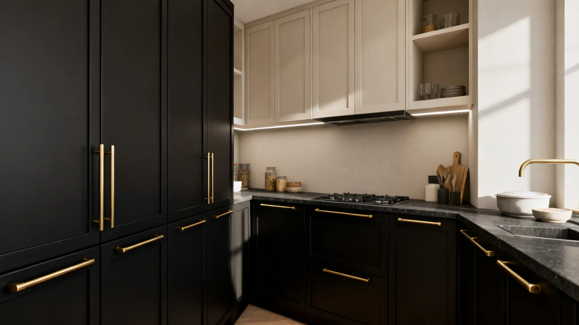 Matte Black Cabinetry With Warm Metals