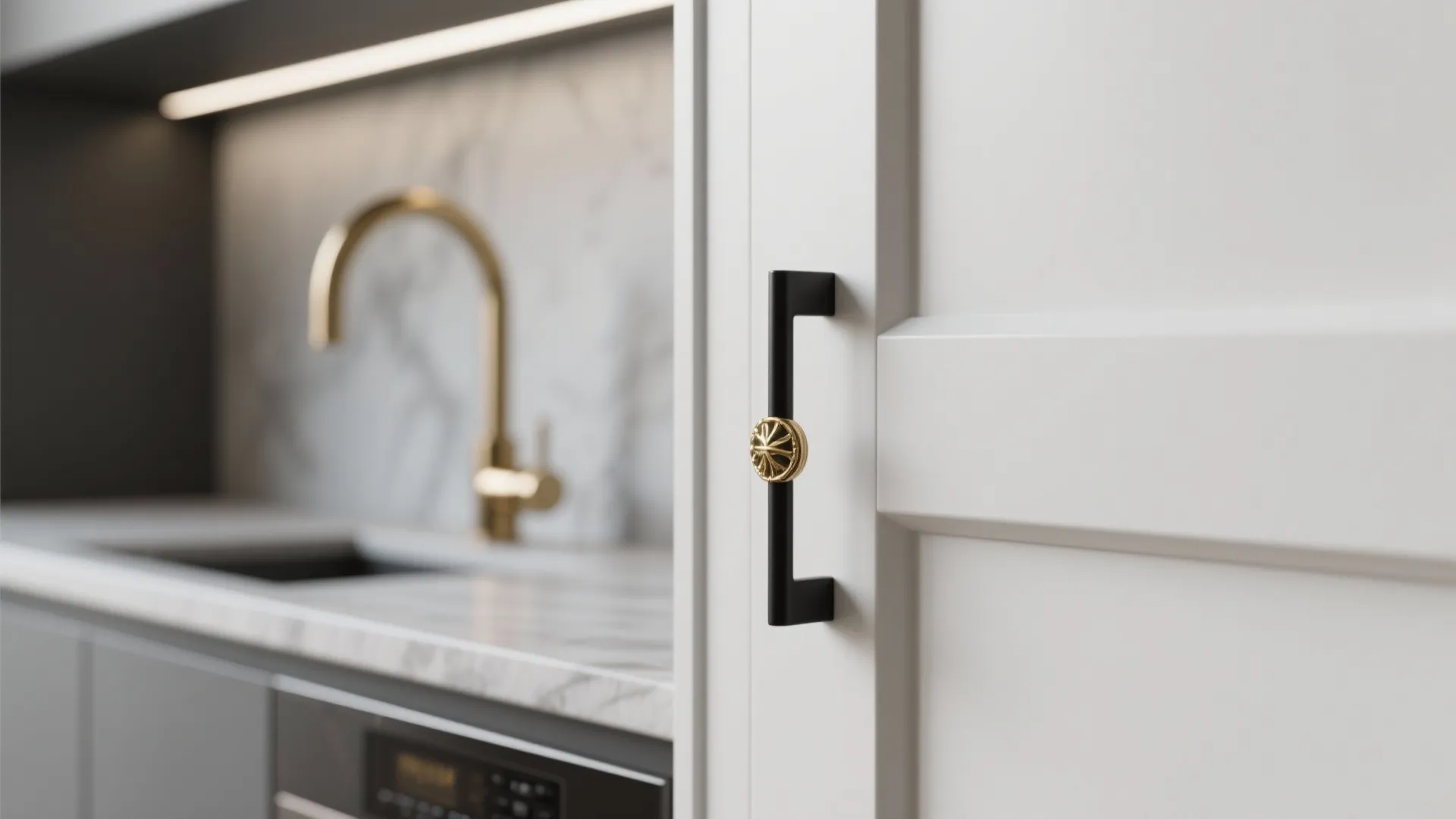 White cabinet with matte black pull and slim brass faucet accent with a gray island in soft focus.