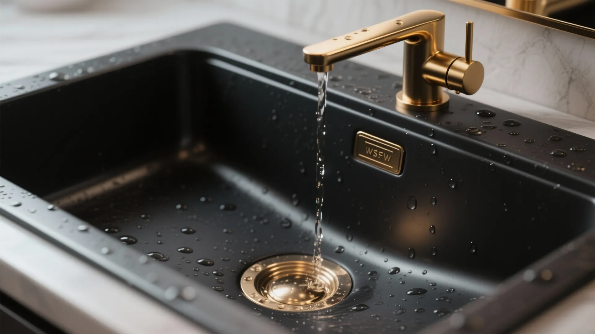 1. Matte Black Sink with Brushed Gold Faucet Accents