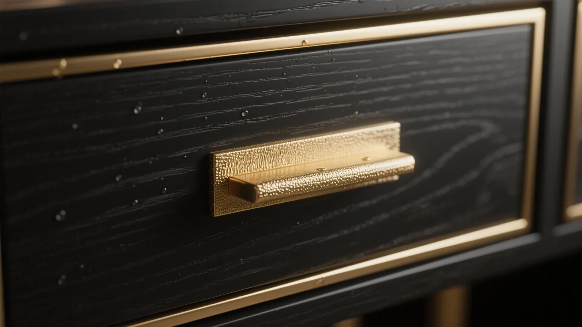 1. Matte black cabinet with brushed gold hardware