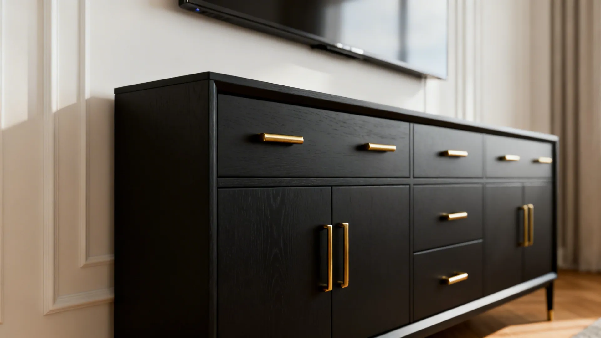 Close up of a black wooden cabinet with gold handles placed under a television screen