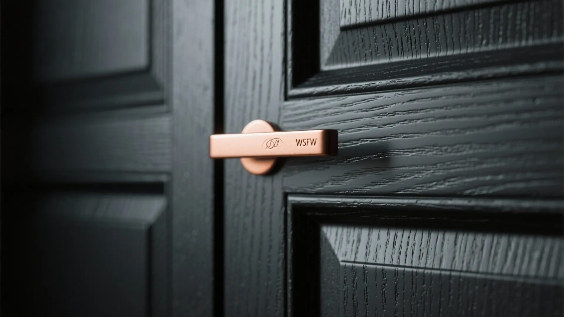 Close-up of matte black cabinet door with brushed copper handle and visible matte texture.