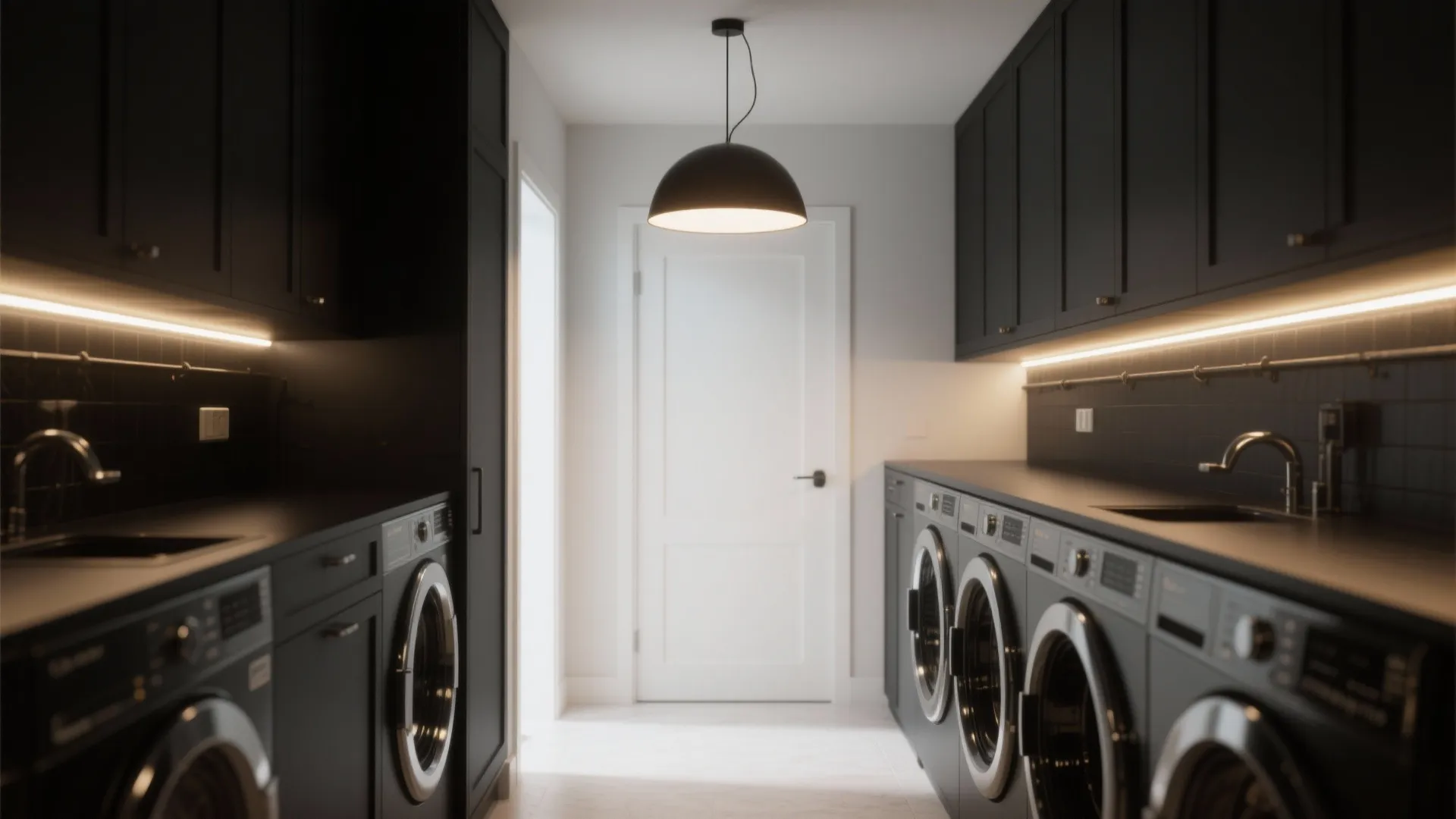 Modern laundry room with matte black cabinets washing machines white door and a ceiling light