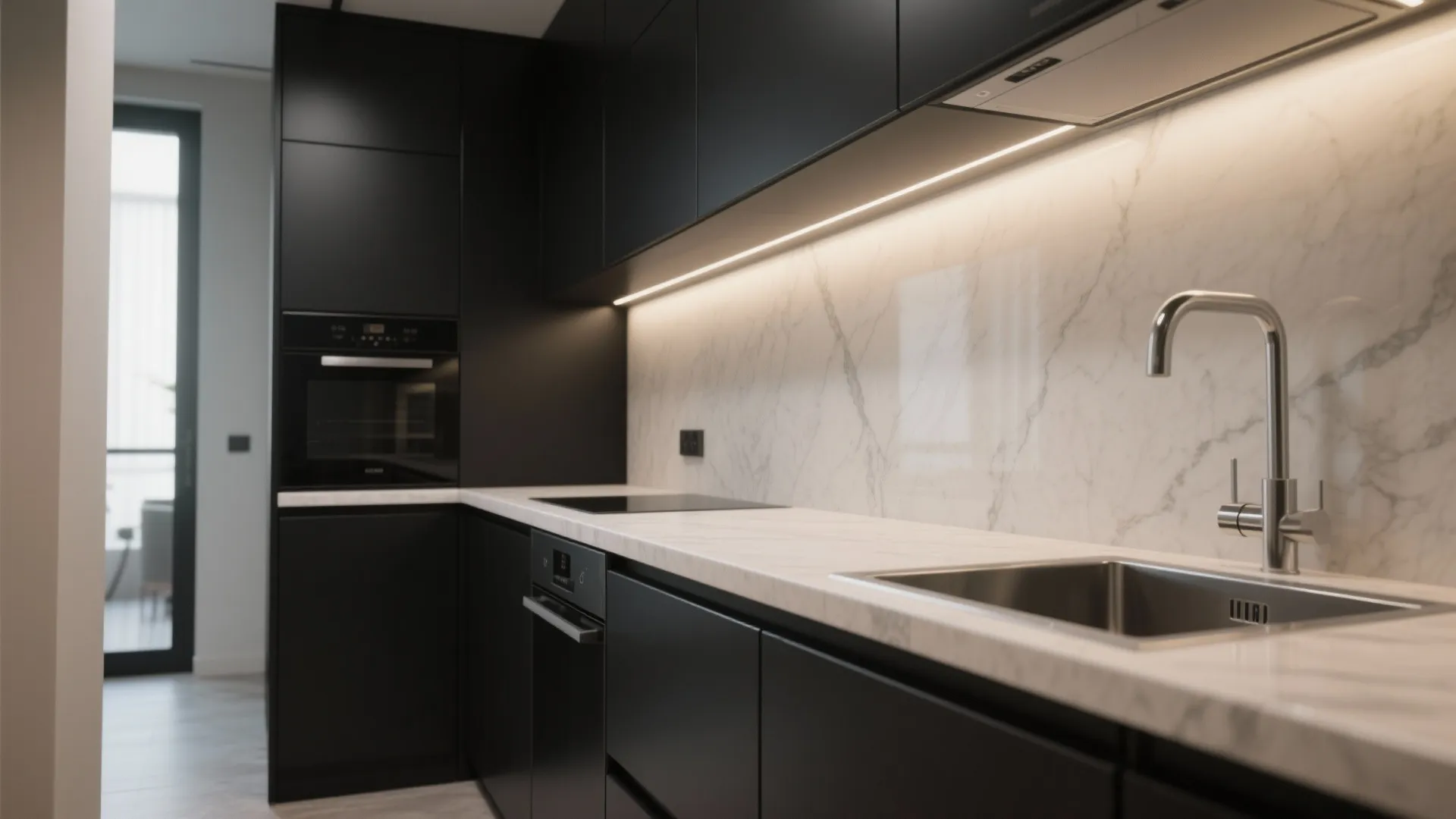 Modern kitchen with matte black cabinets white marble countertop silver sink faucet and bright lighting
