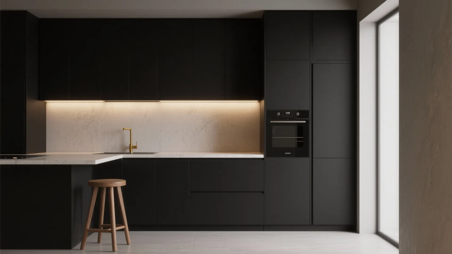 1. Matte black cabinets with warm grey walls