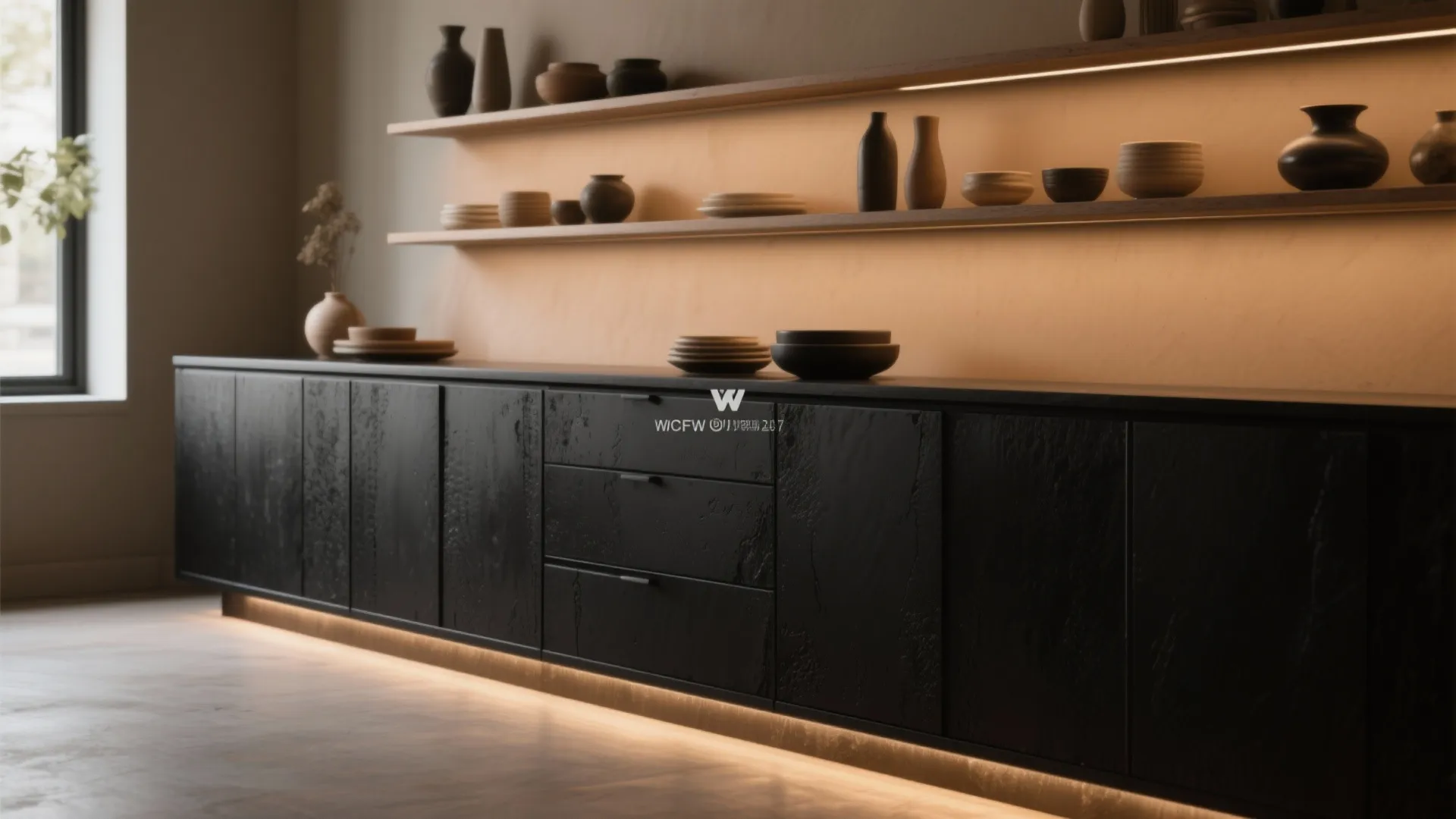 Modern black kitchen cabinet design with wood wall shelves and warm built-in light fixture strips