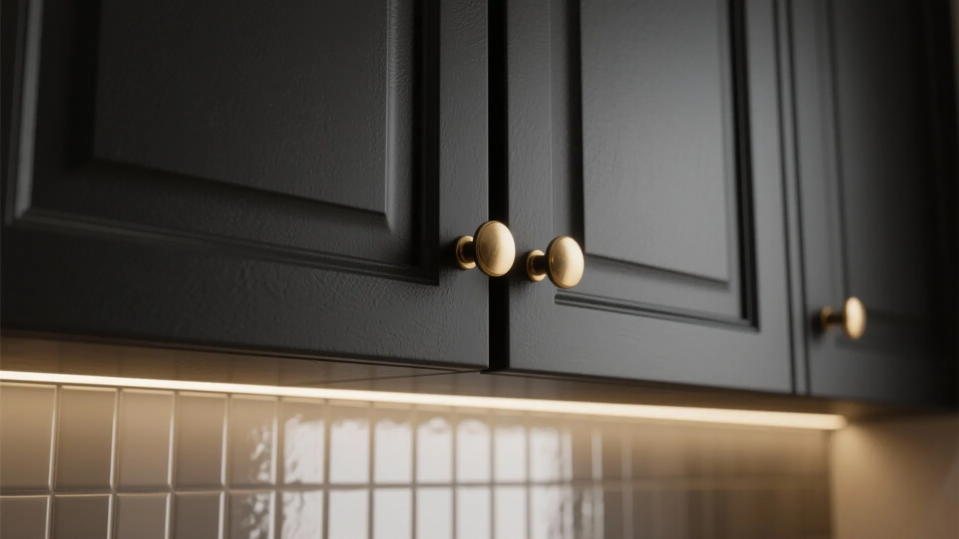 1. Matte Black Cabinets with Soft Gold Hardware