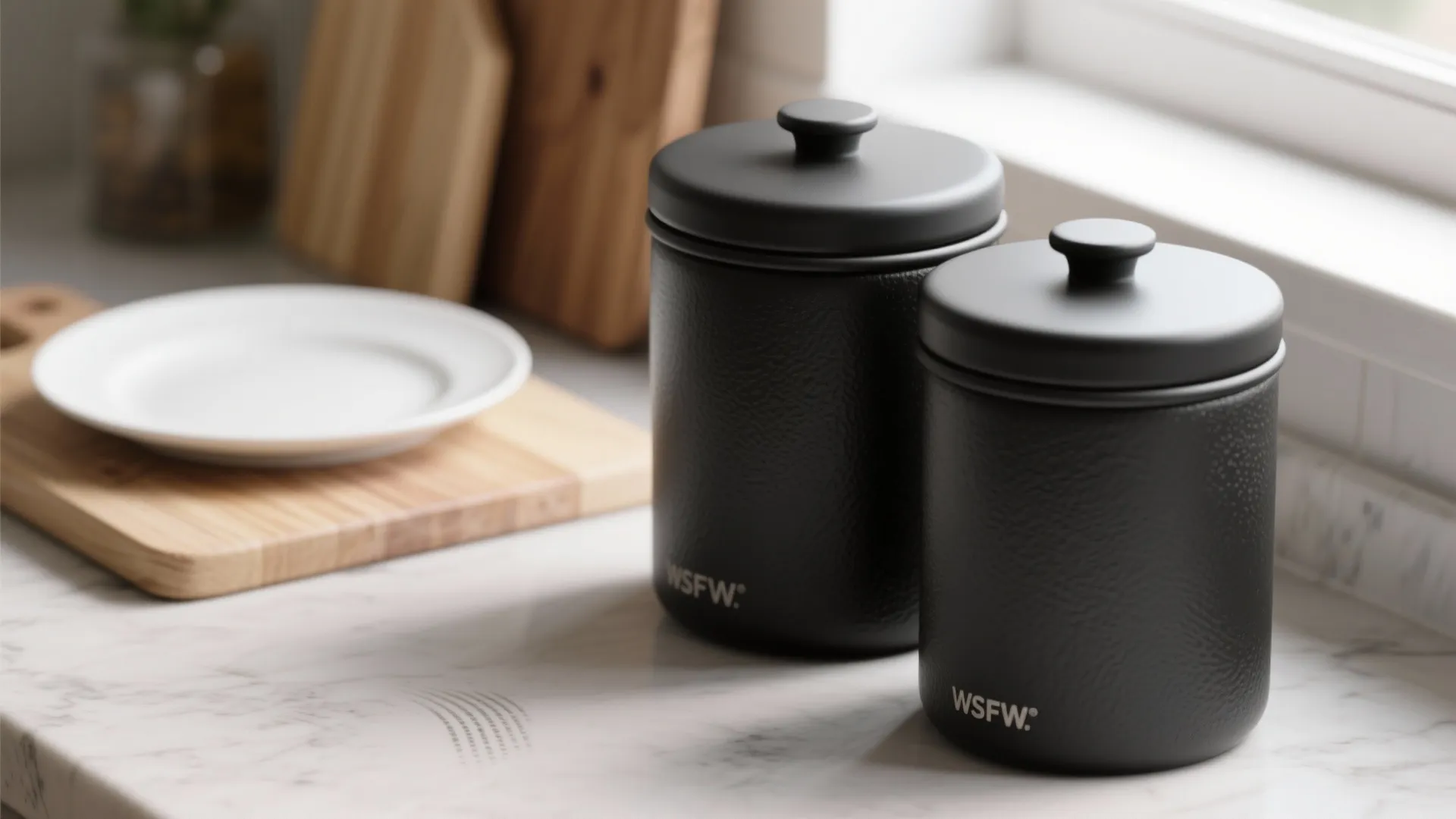 1. Matte black airtight canisters for countertop calm