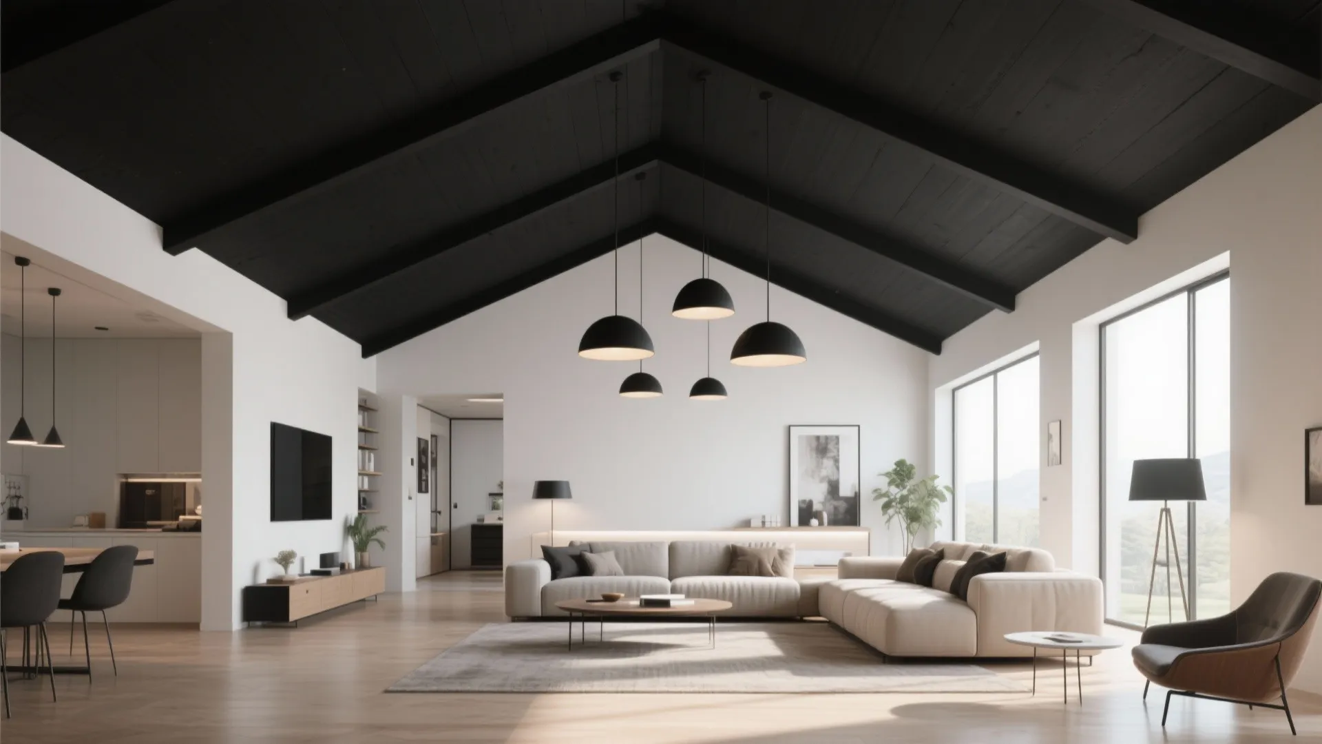 Modern living room with black vaulted ceiling white walls beige sofa wood floor and natural light