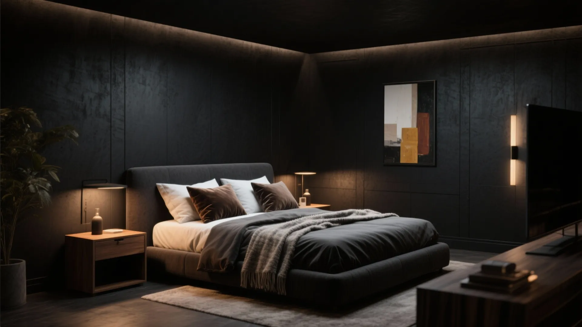 Modern dark bedroom with black wall panels, grey bed, wooden nightstands, and warm soft light