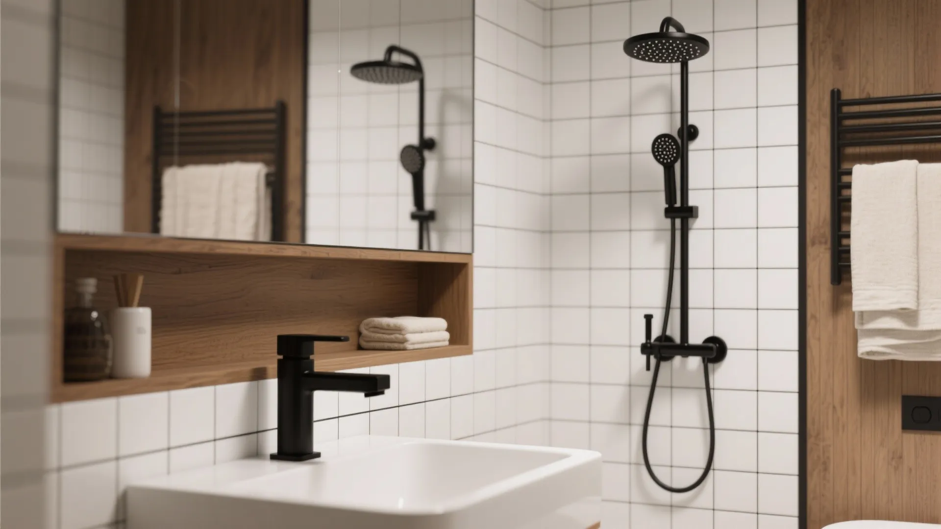 Matte black fixtures paired with black grout and warm wood accents for a cohesive minimal bathroom.