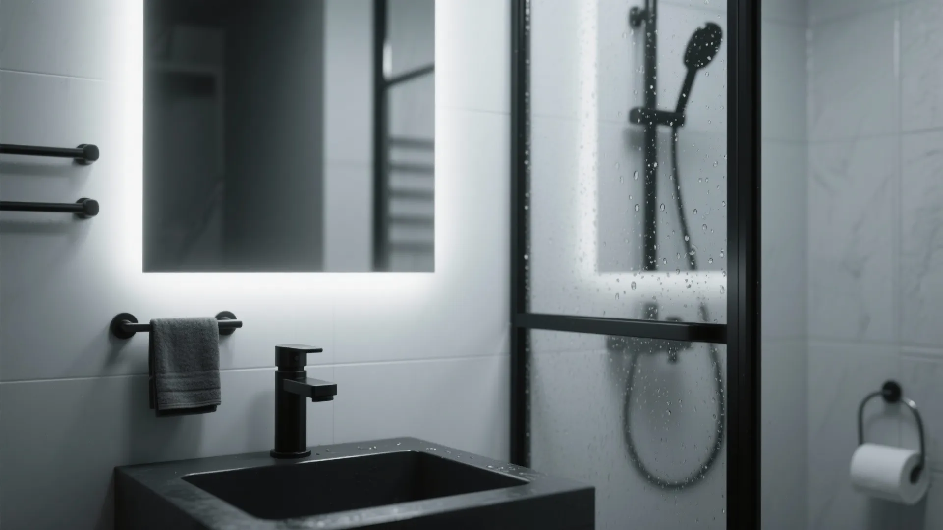 2. Matte black fixtures for high contrast