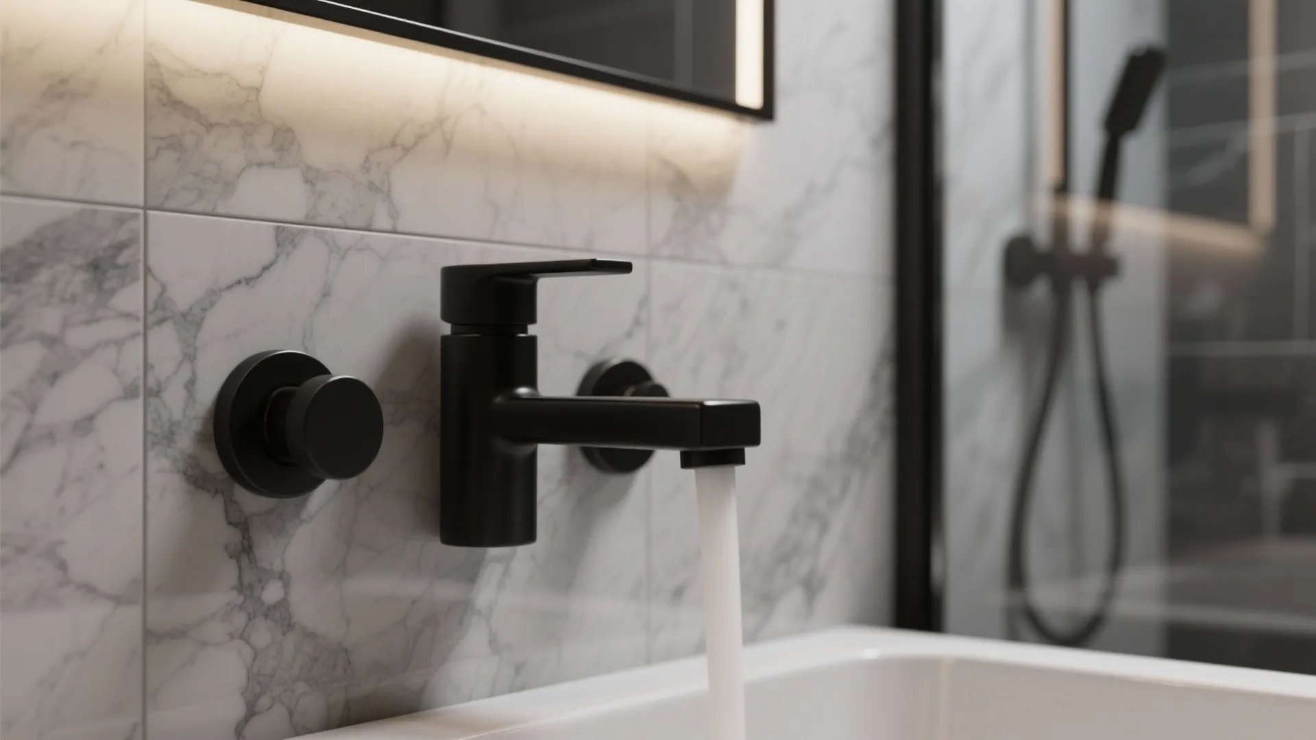 Close up of a matte black water tap with flowing water and marble wall tiles