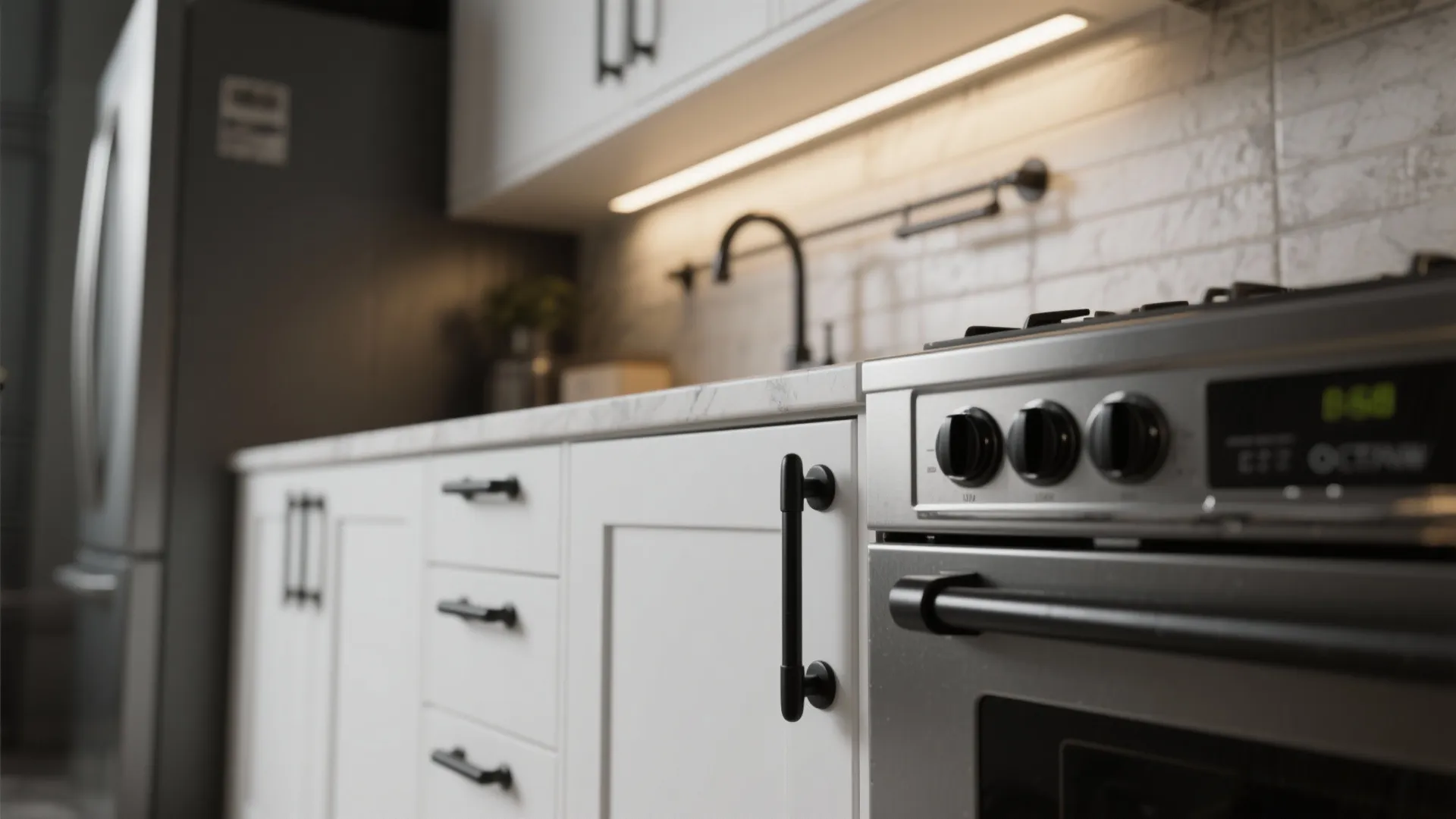 Modern kitchen with white cabinets matte black handles marble countertop and stainless steel gas stove oven