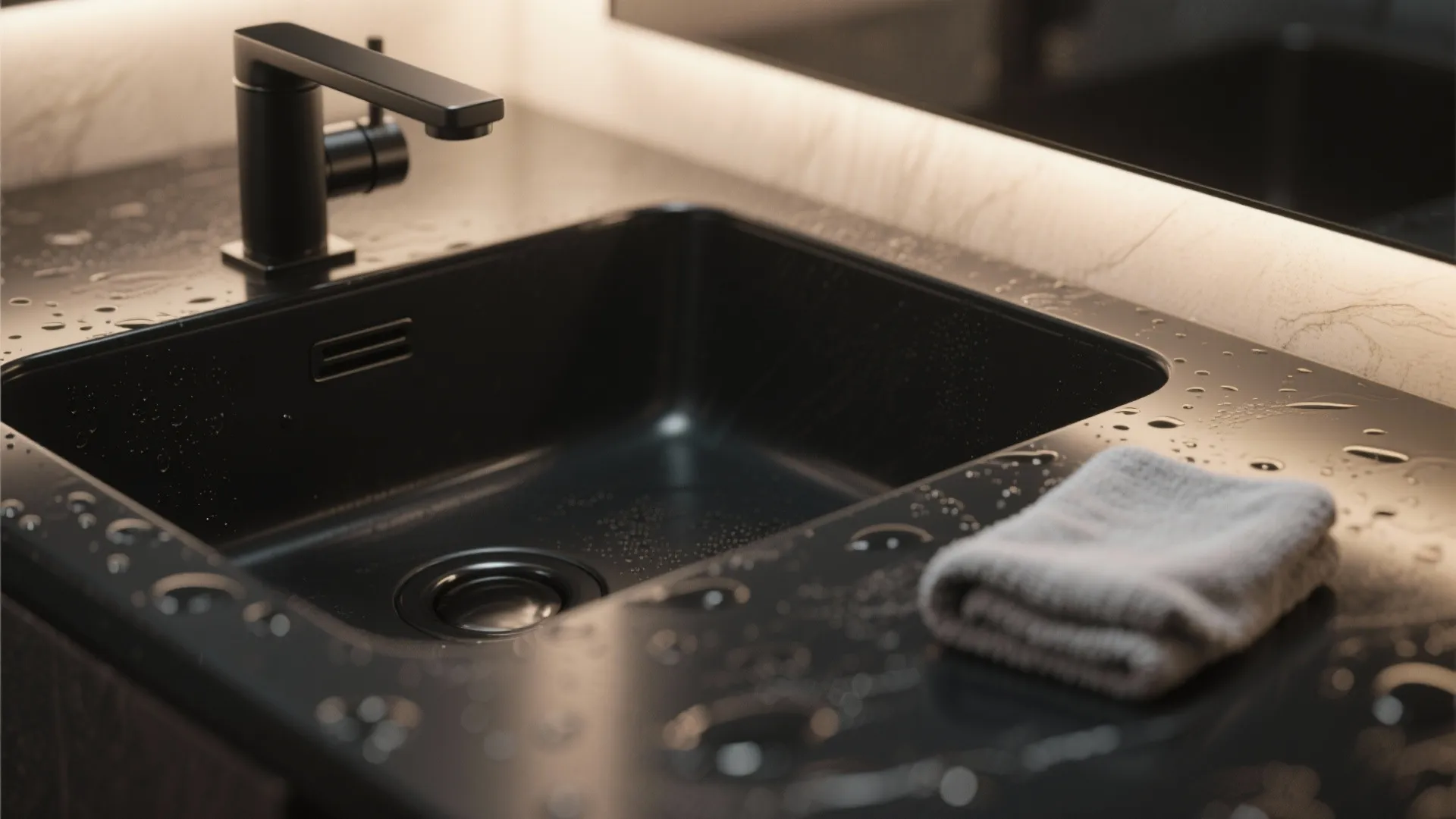 Macro view of a matte black sink surface with a soft cloth