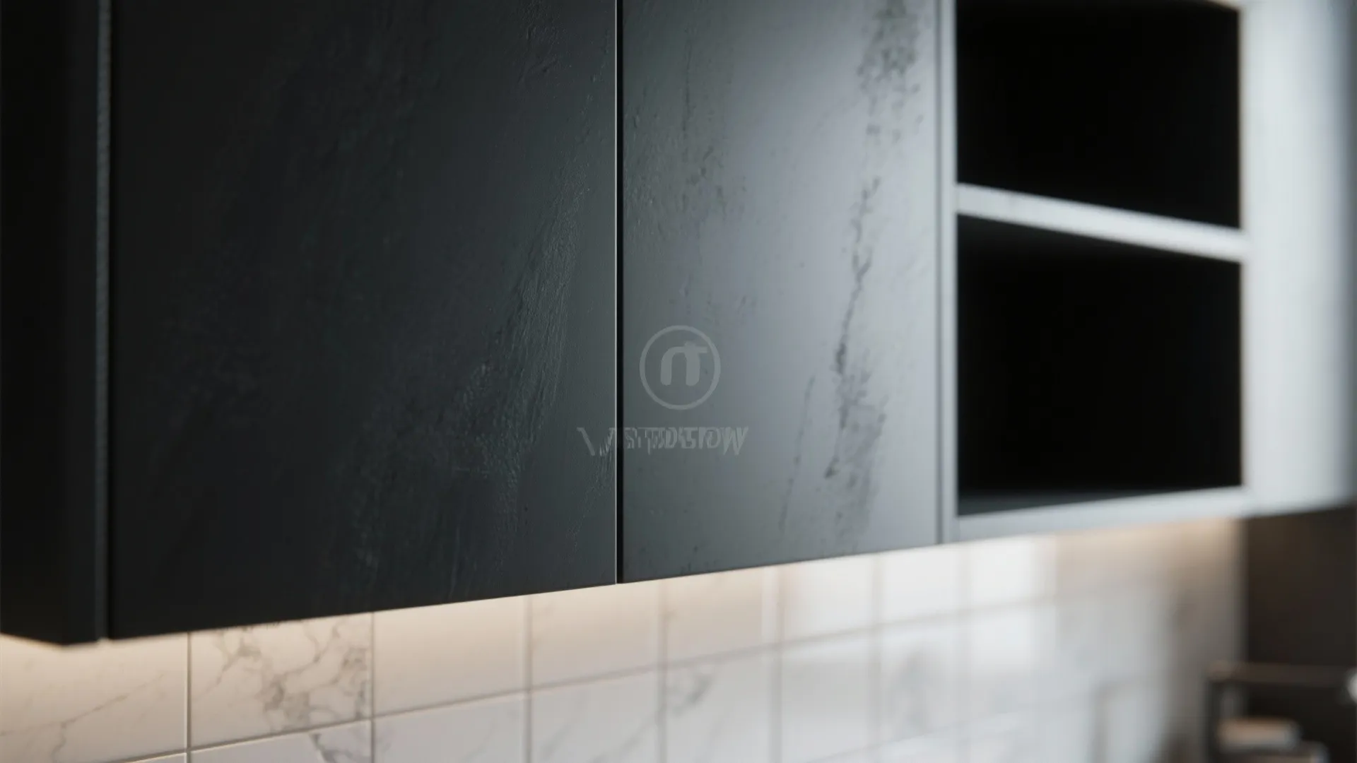 Modern black kitchen wall cabinet with textured surface finish above white marble tile kitchen backsplash