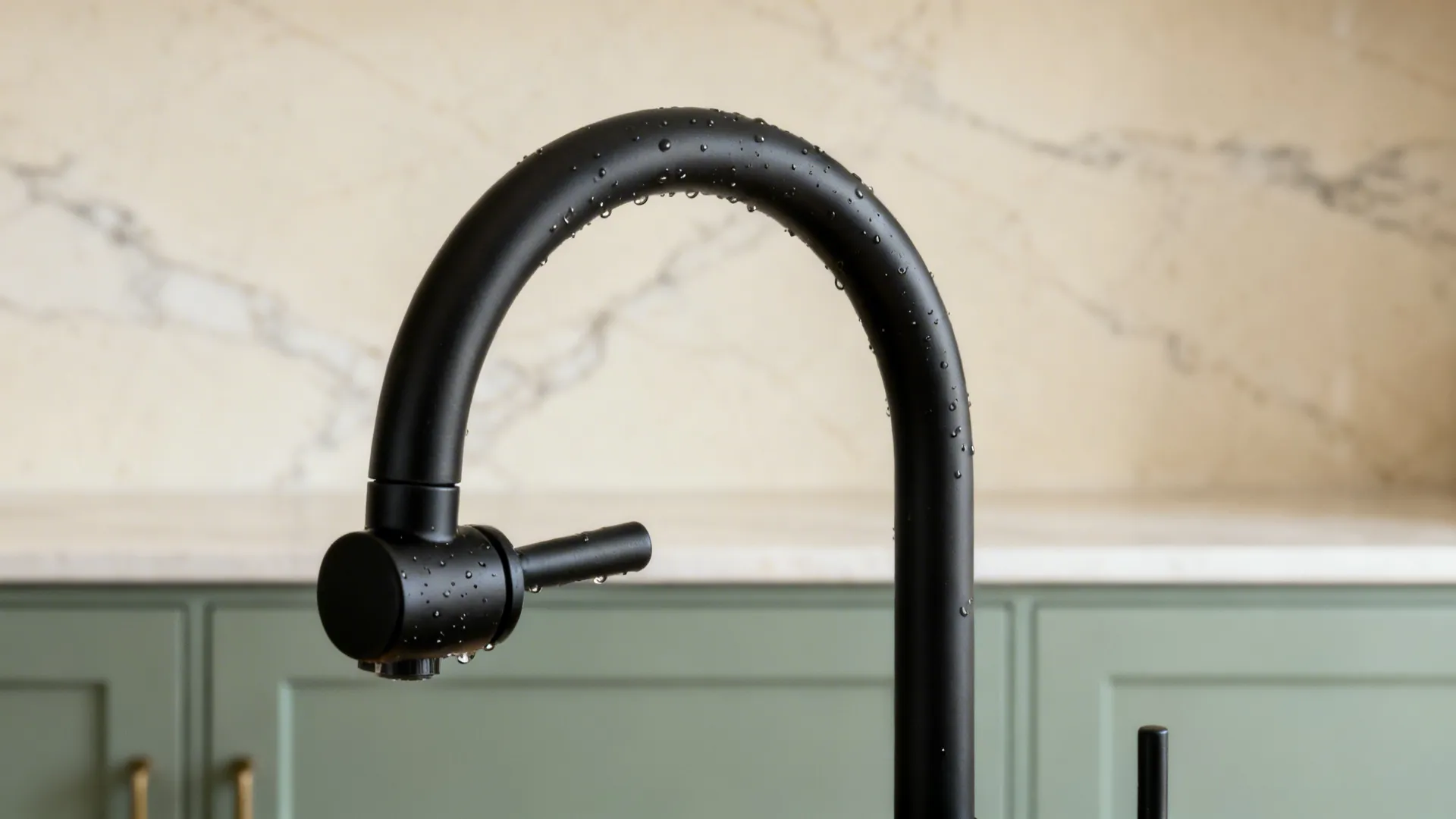 Close-up of matte black faucet with cream backsplash and sage cabinet edge.