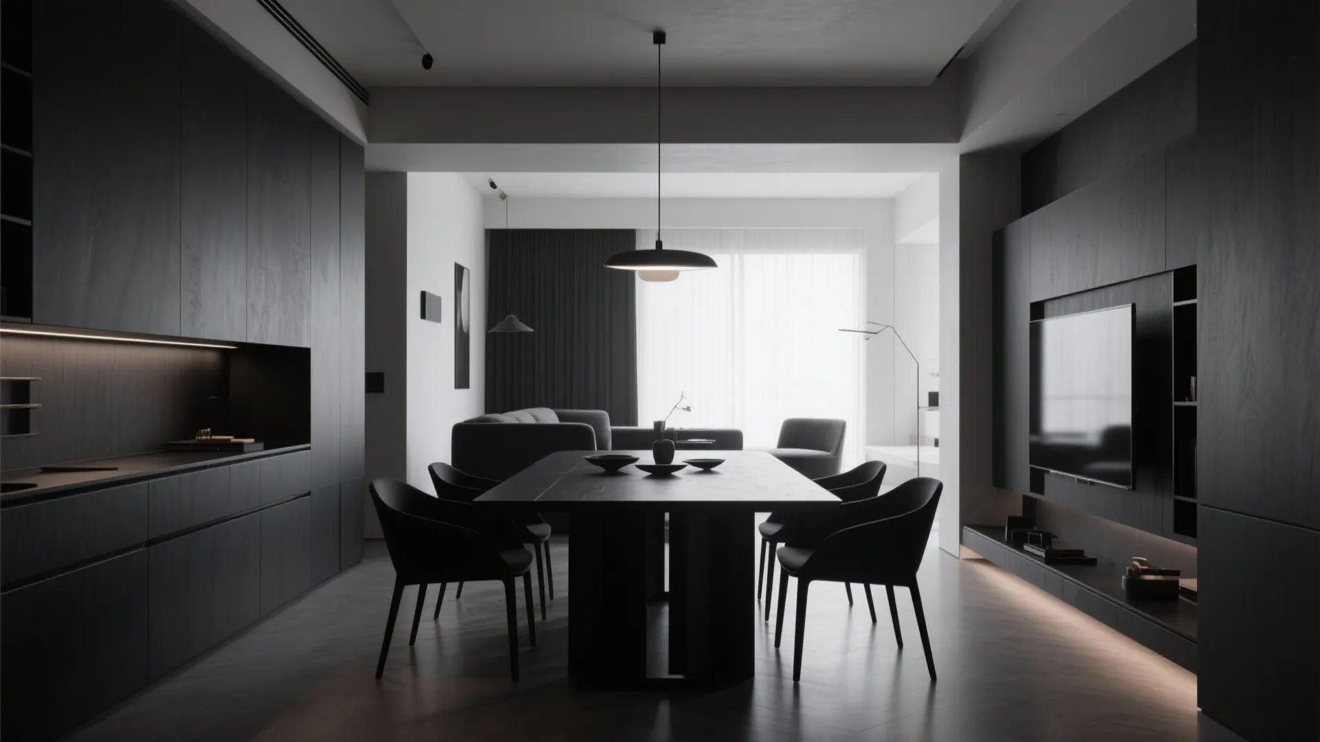 Matte black dining set in modern open-plan living space