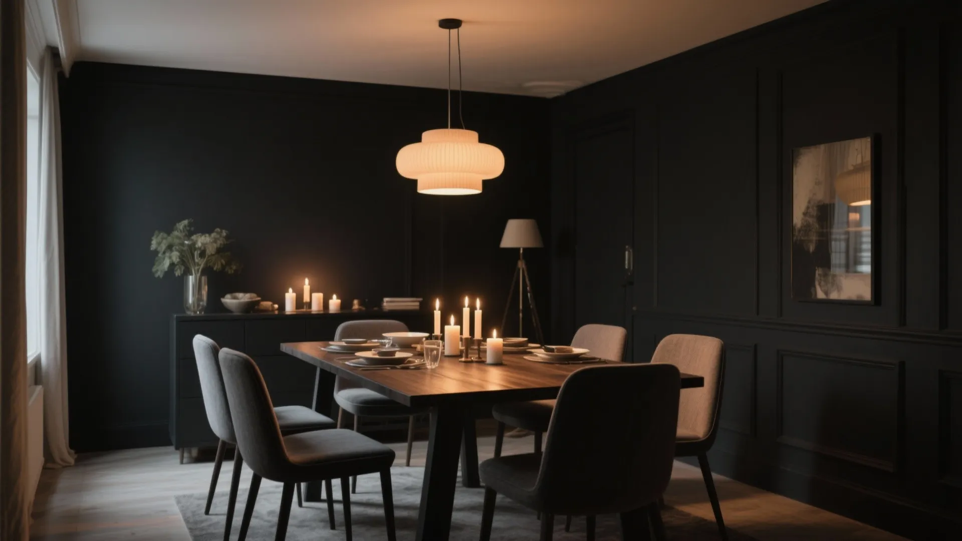1. Matte Black Walls with Warm Lighting