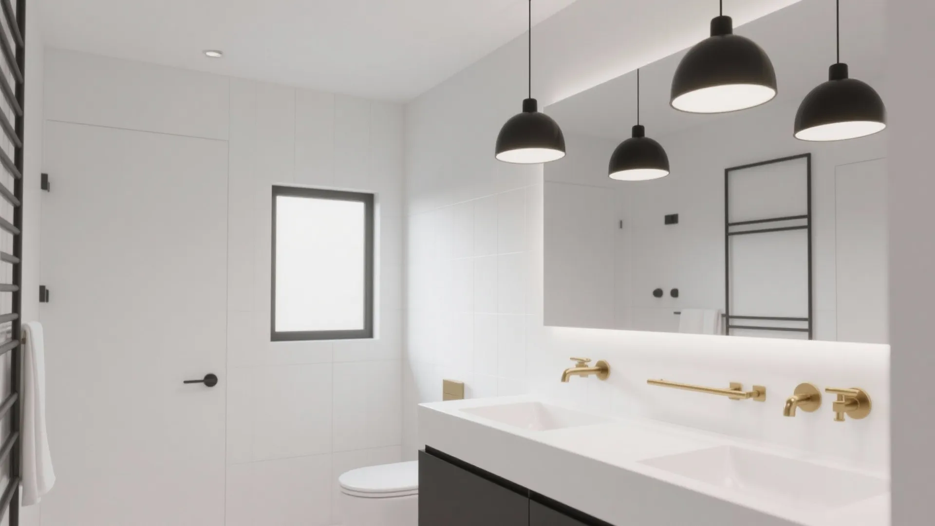 Matte black dome pendants in modern bathroom