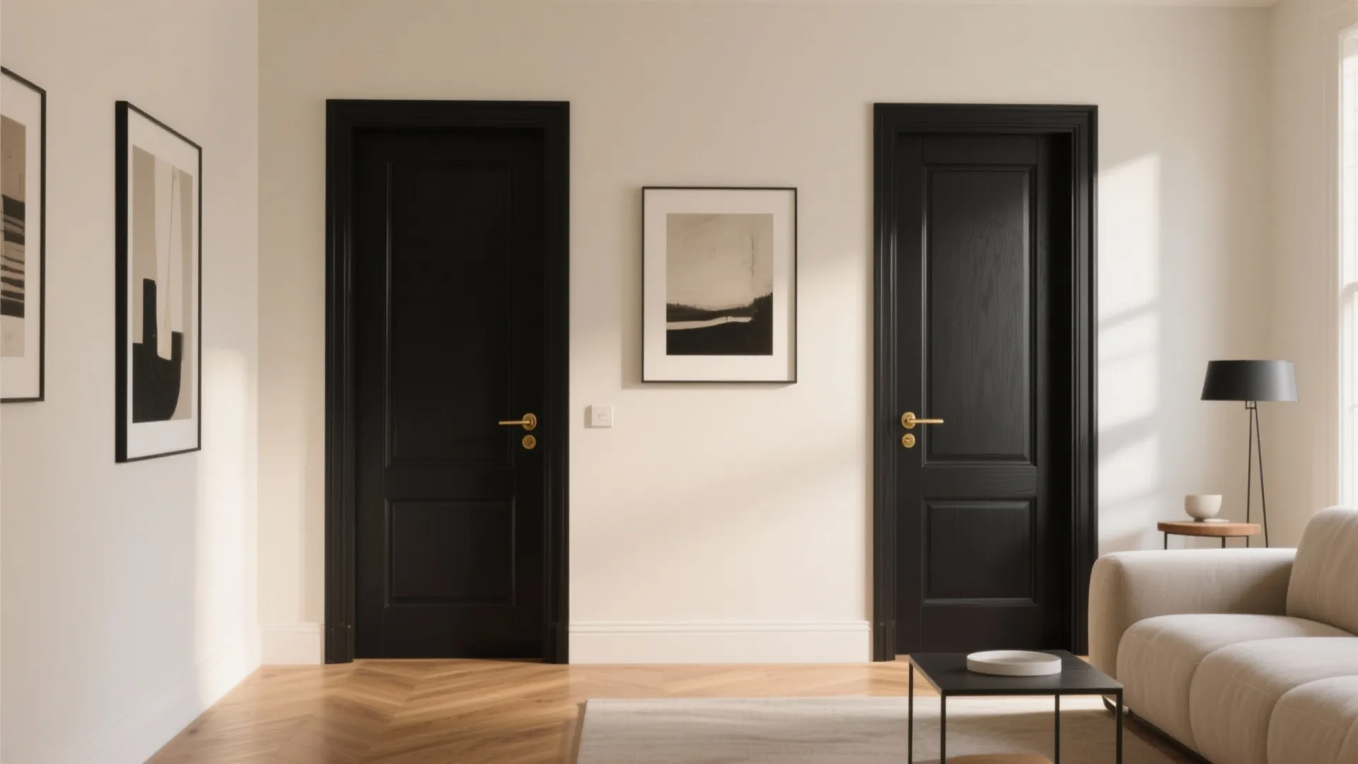 Two elegant matte black doors with gold handles in a living room with wooden chevron floors