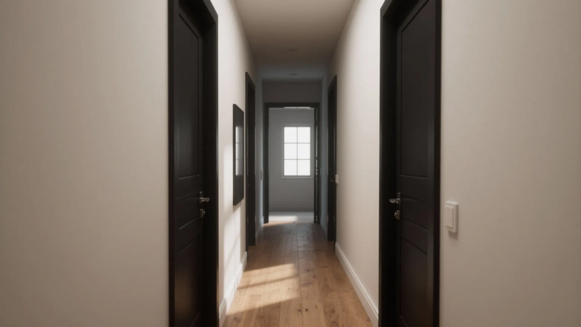 Modern hallway with black doors and white walls leading to a bright room with windows