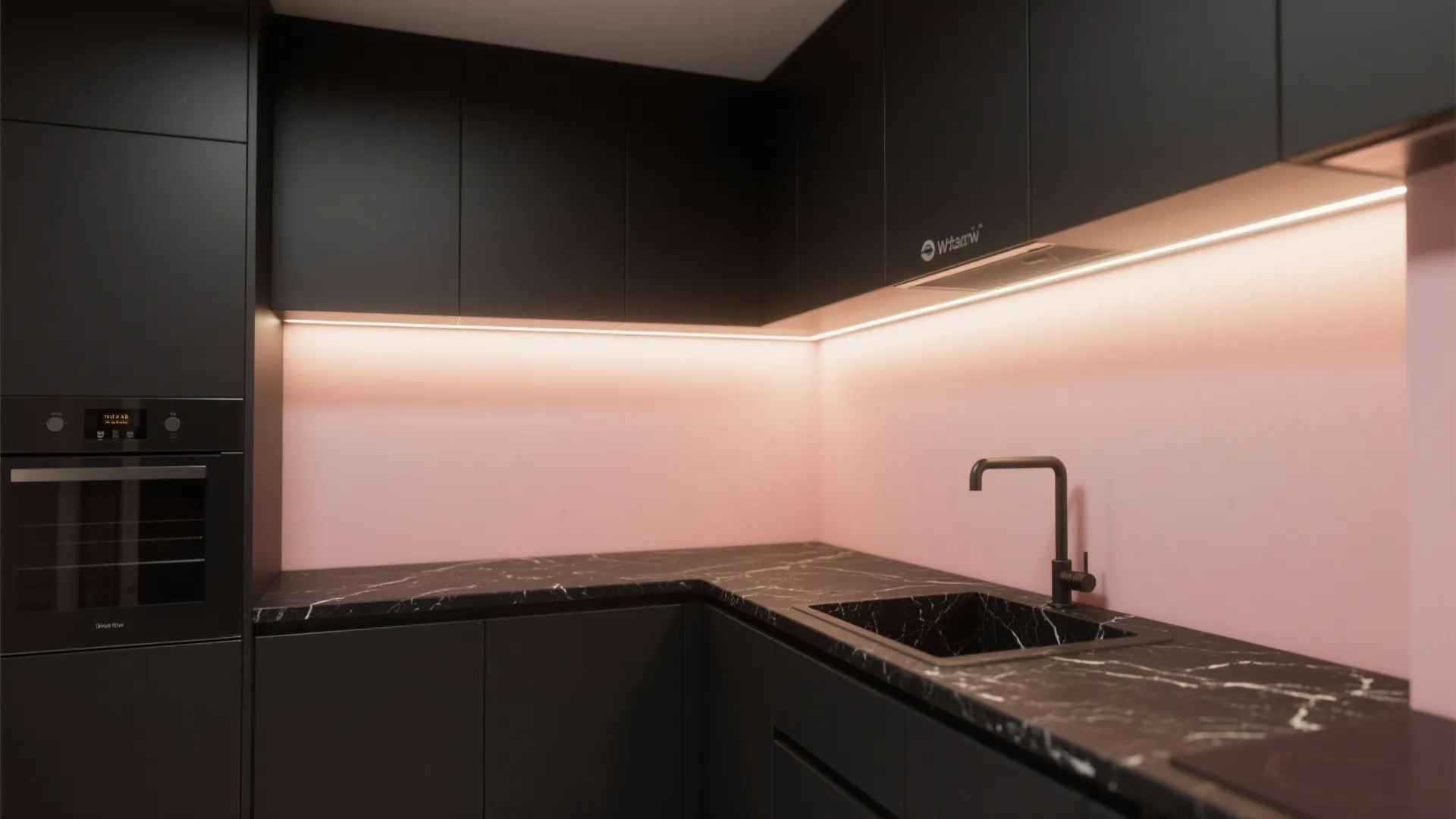 Modern kitchen interior design with matte black cabinets pink wall and black marble stone countertop