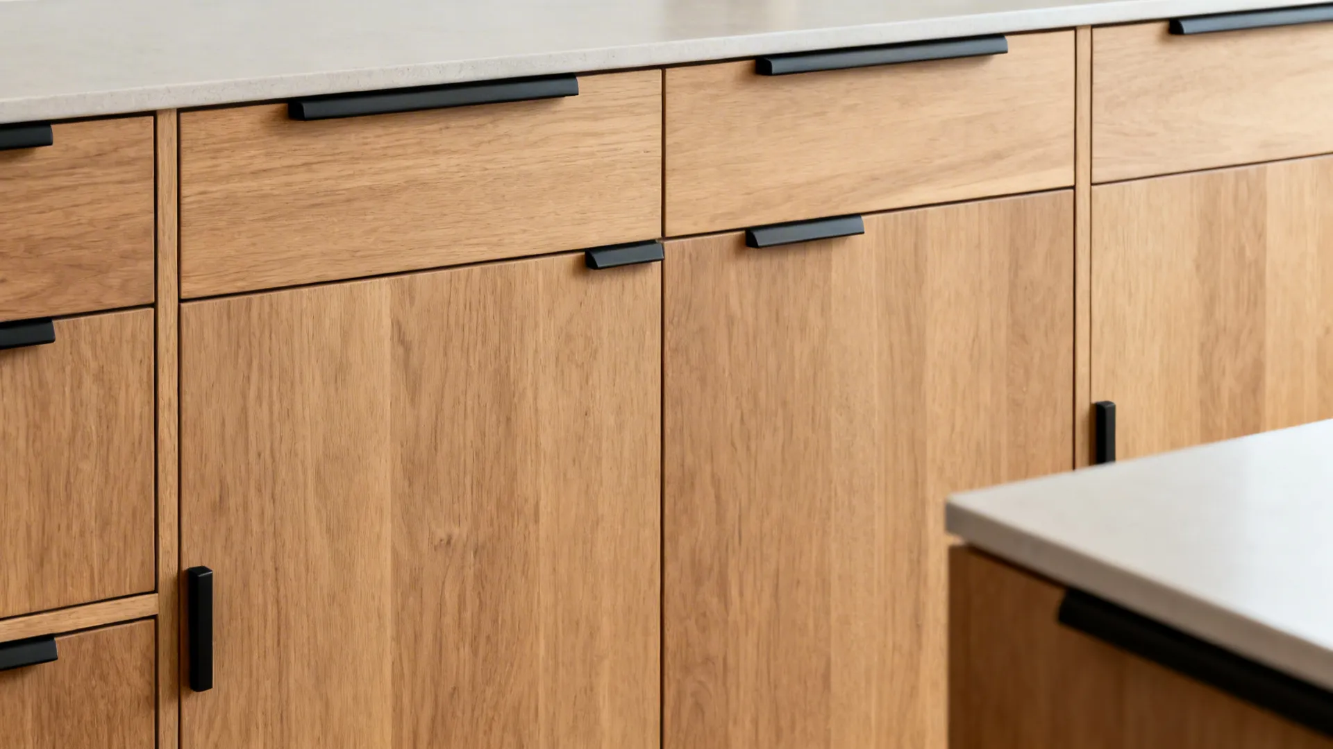 Matte black edge pulls on flat-front oak drawers with tight, even reveals.