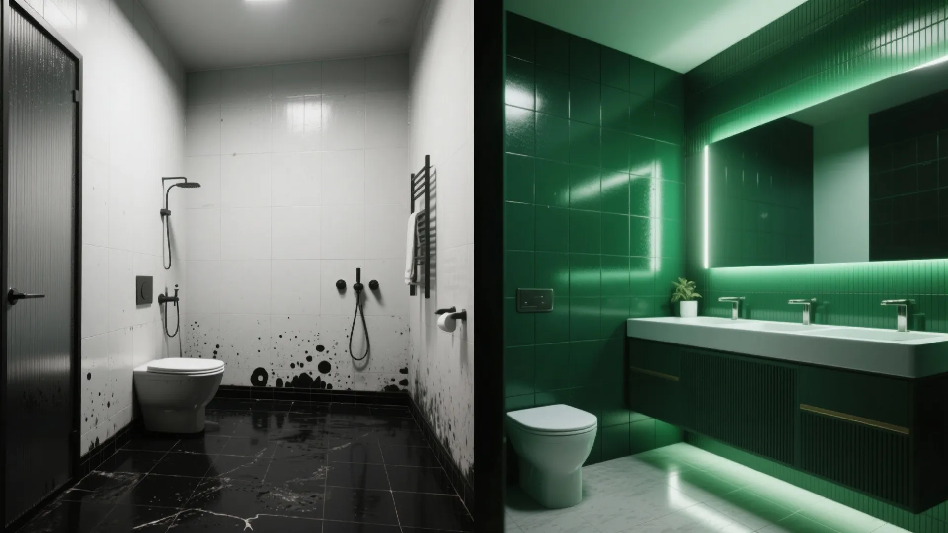 Before and after split image showing matte black tiles transformed with an emerald green accent wall and improved lighting.