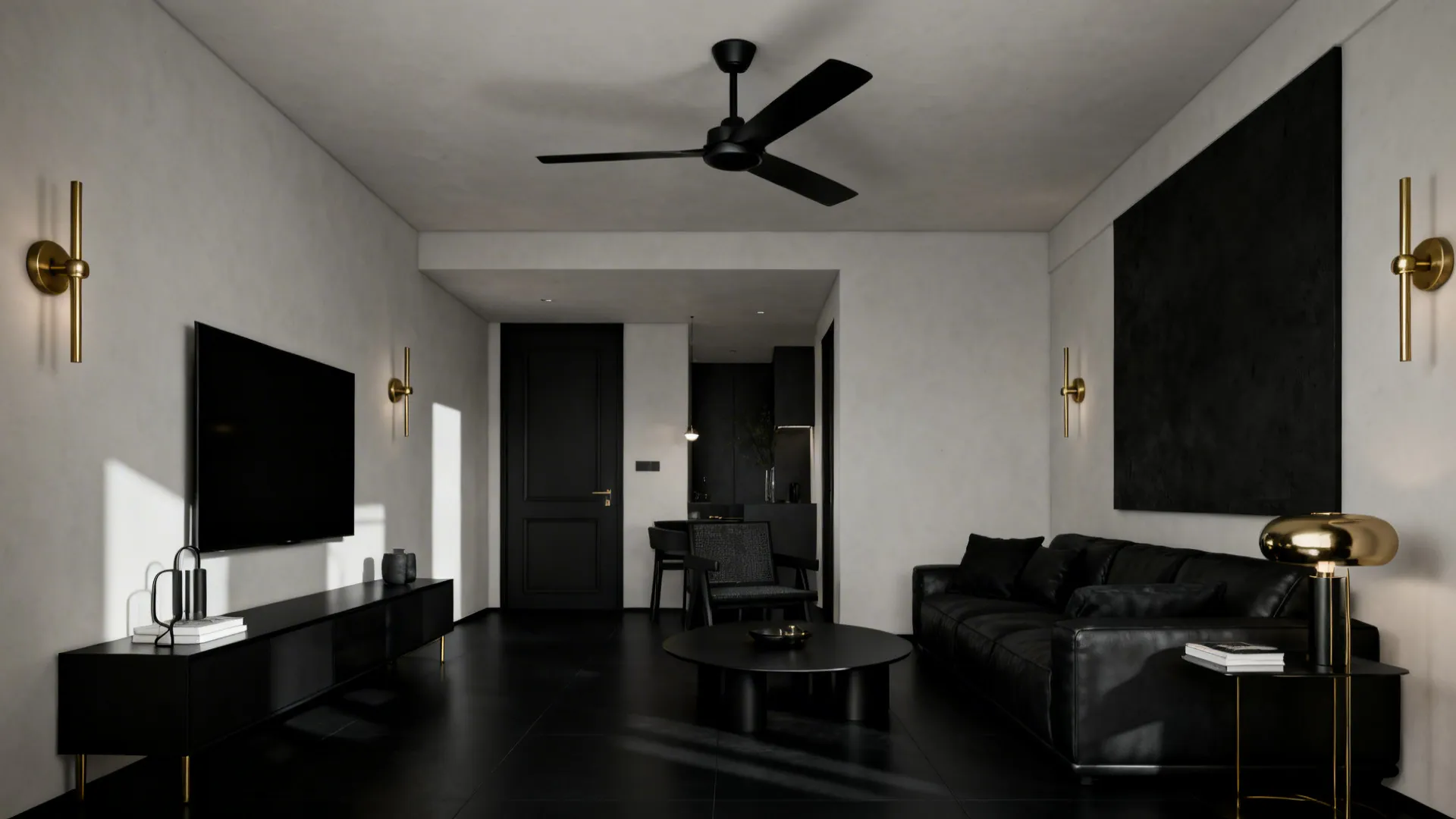 Contemporary living room with matte black ceiling fan and brass accents creating strong modern contrast