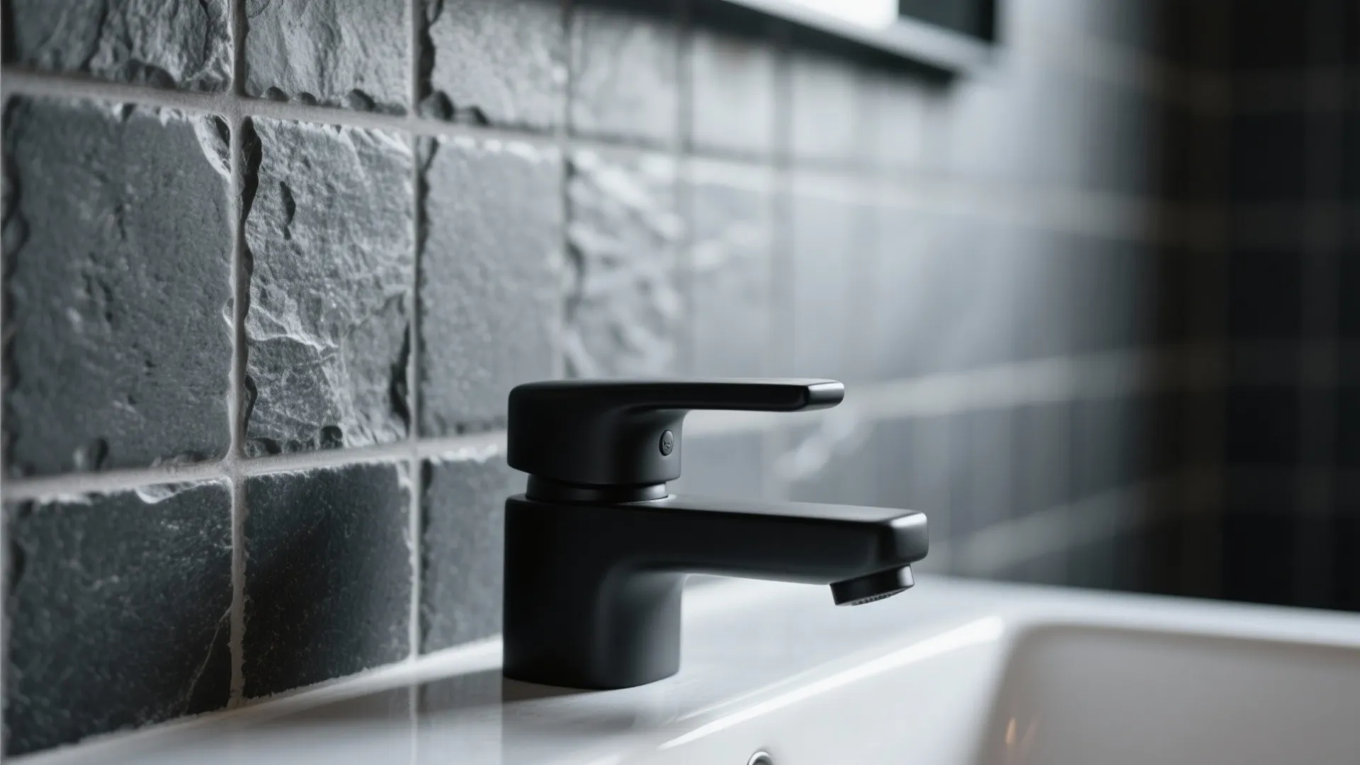 Modern matte black faucet on white sink with dark textured grey stone wall tiles background