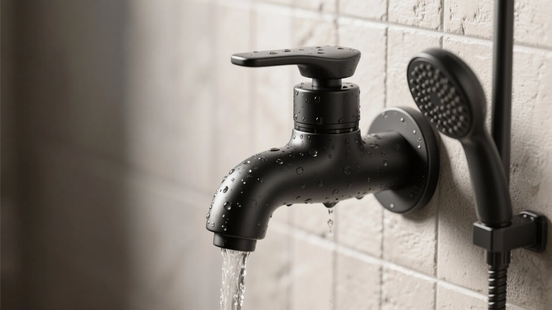 Close up view of a matte black water tap with flowing water and a hand shower
