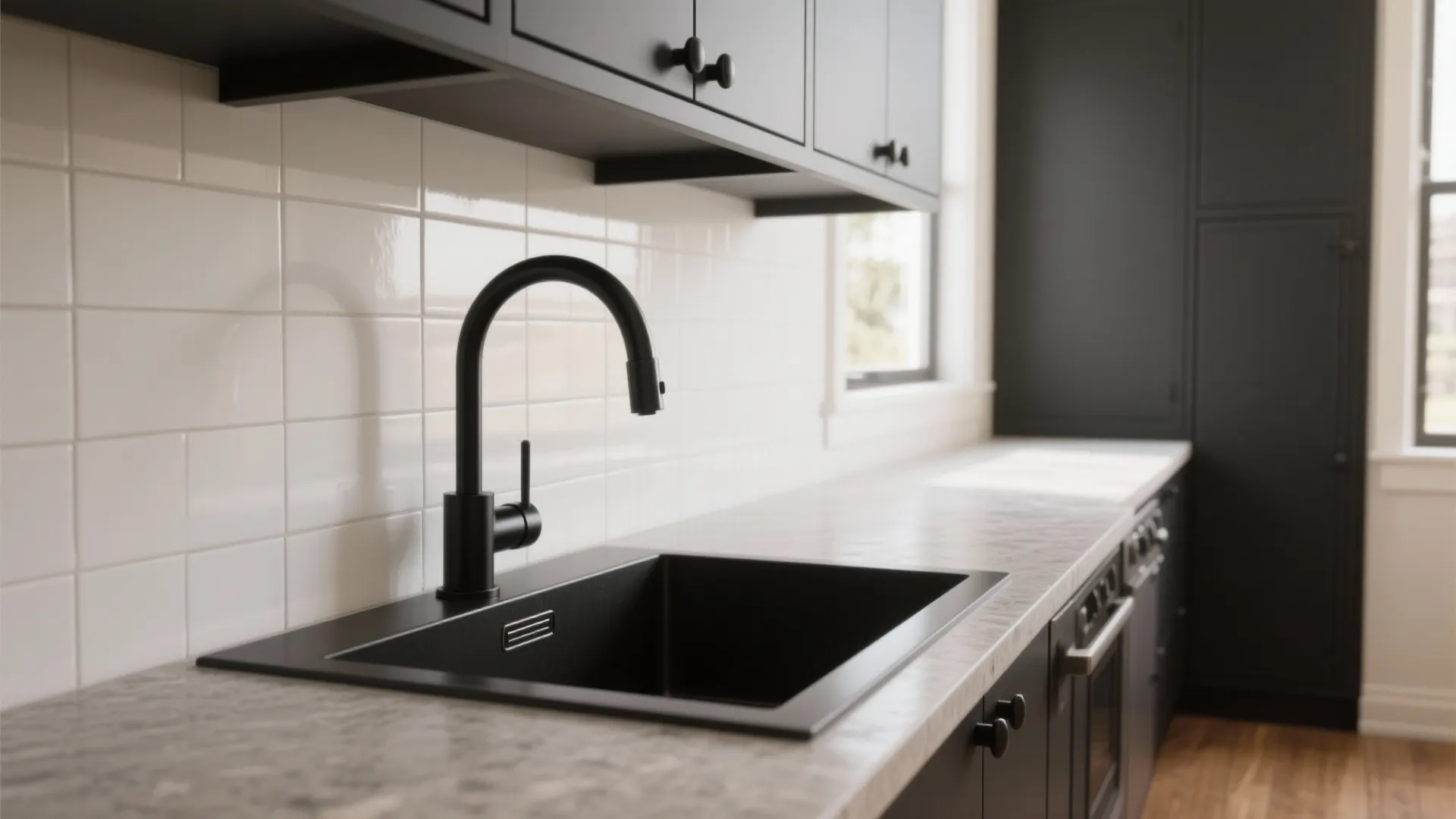 Matte black kitchen faucet and sink installed on marble countertop with white wall tiles cabinets