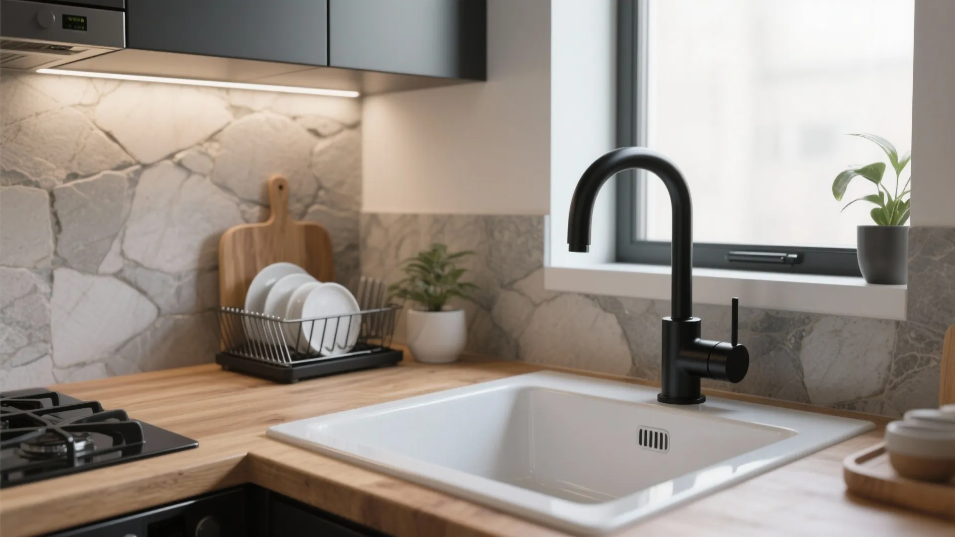 Modern kitchen with matte black water tap white sink wooden counter and stone wall panels