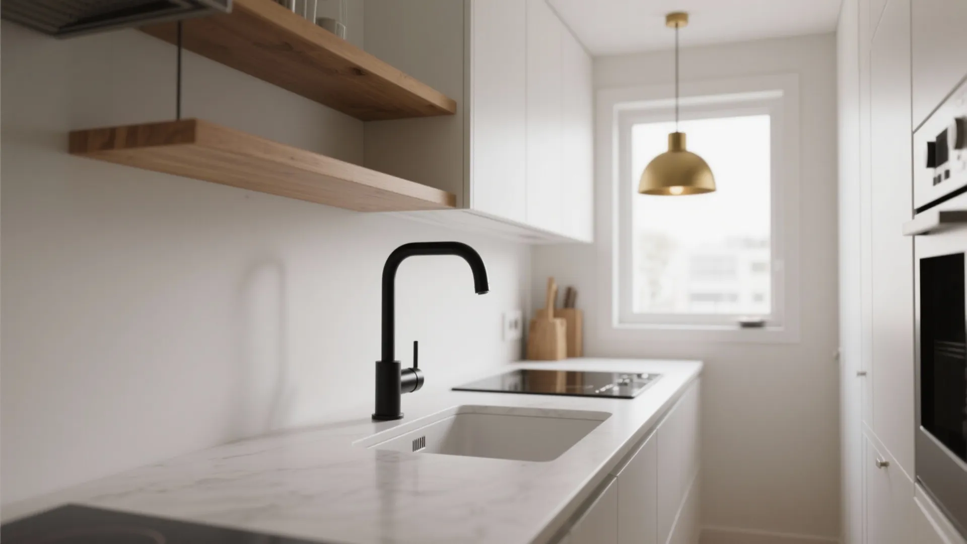 Close up of black kitchen faucet and sink on white marble countertop with minimalist design