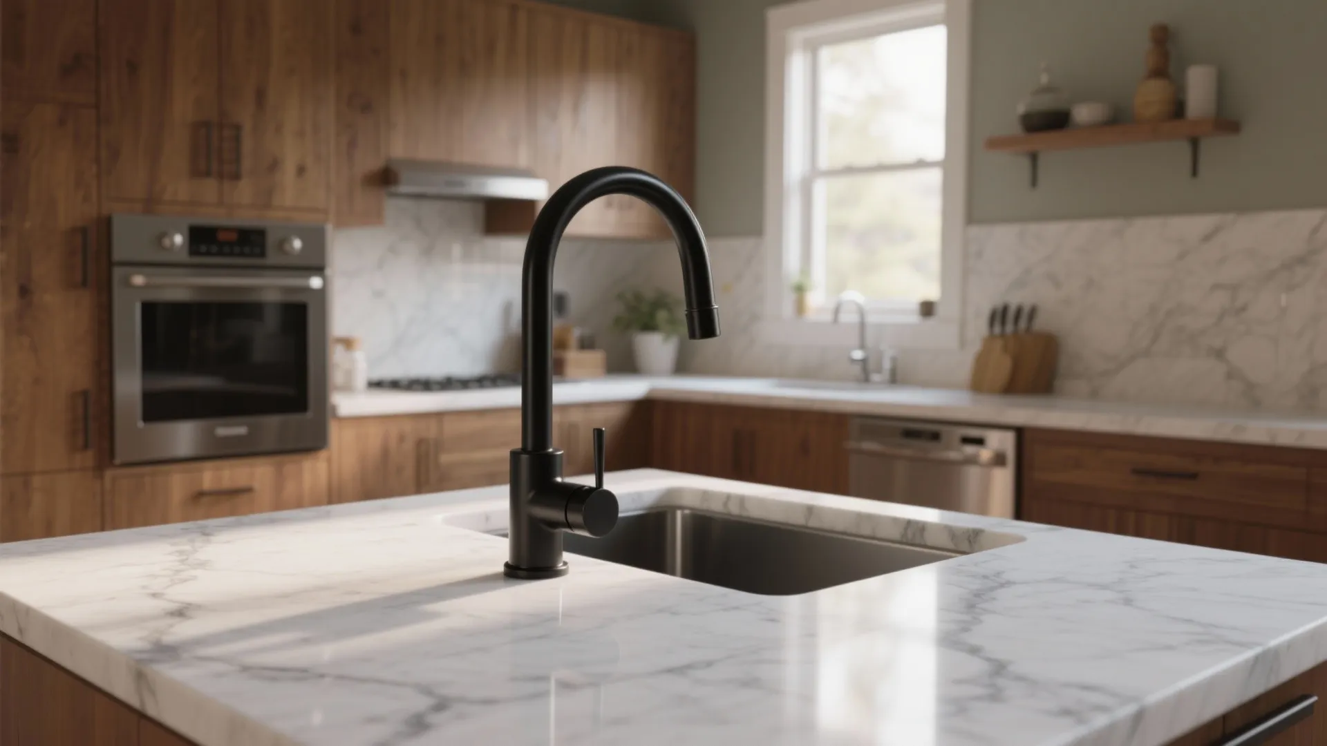 Modern kitchen island with black water tap marble countertop wood cabinets and a wall oven
