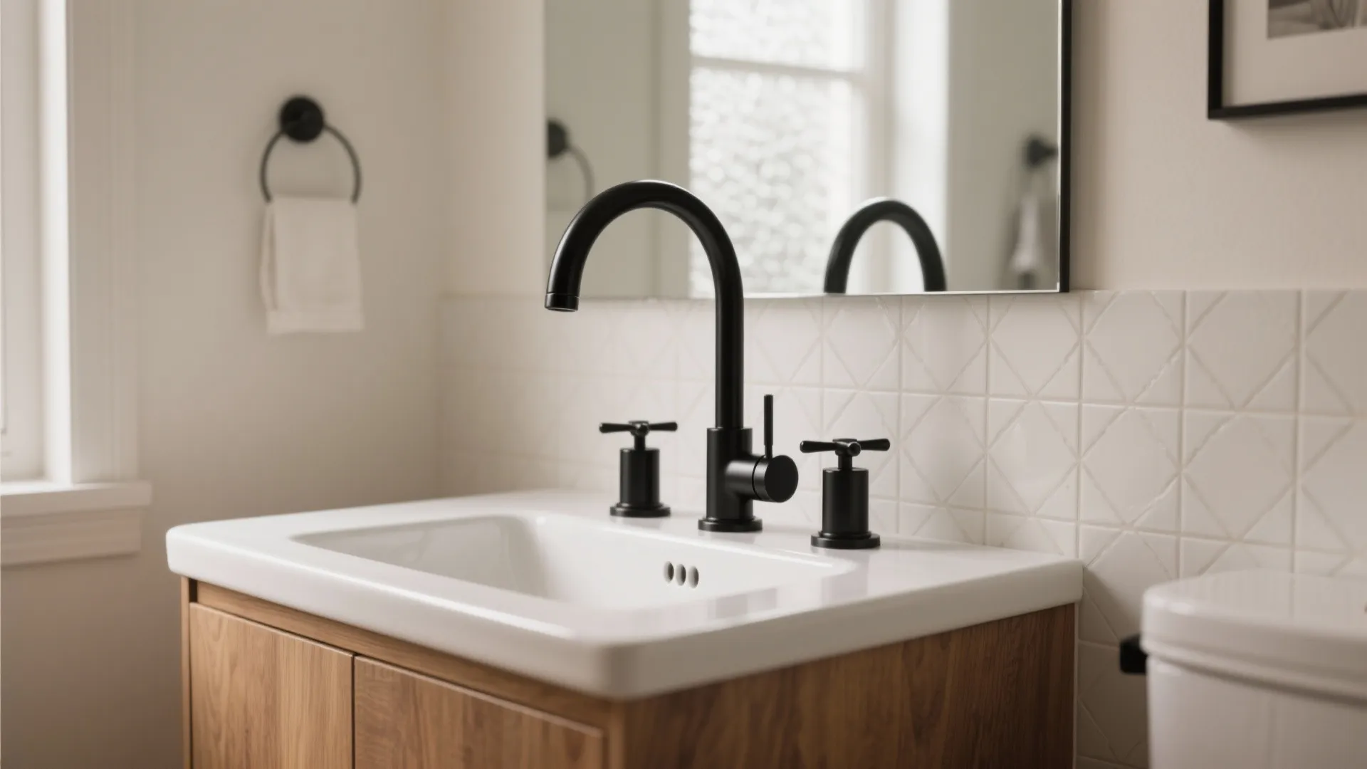 Matte Black Bathroom Faucet Ideas — 5 Stylish Ways: Small changes, big impact: 5 matte black 3-hole faucet inspirations for compact bathrooms